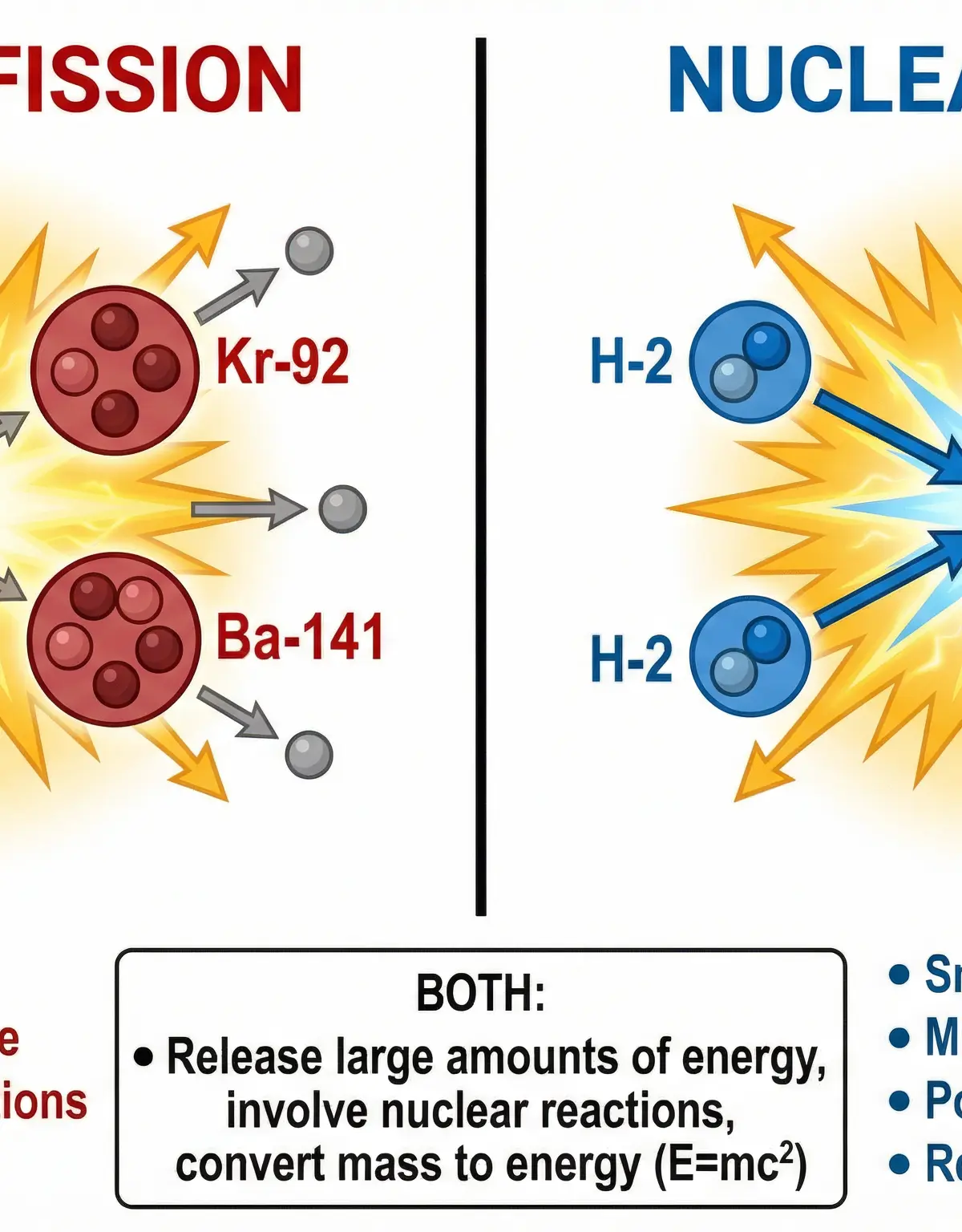 Key differences and similarities between nuclear fission and fusion.
