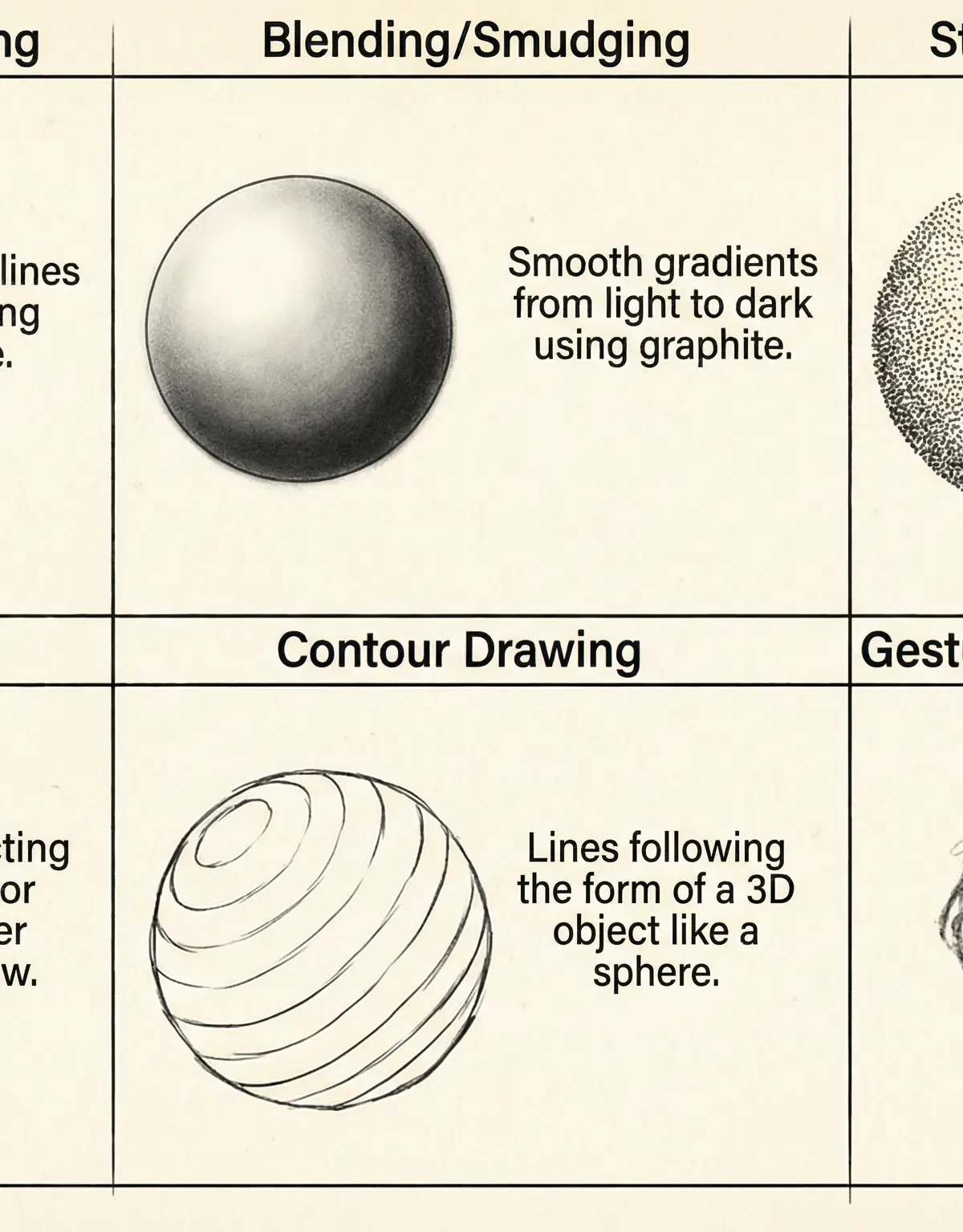 A reference sheet of key drawing techniques.