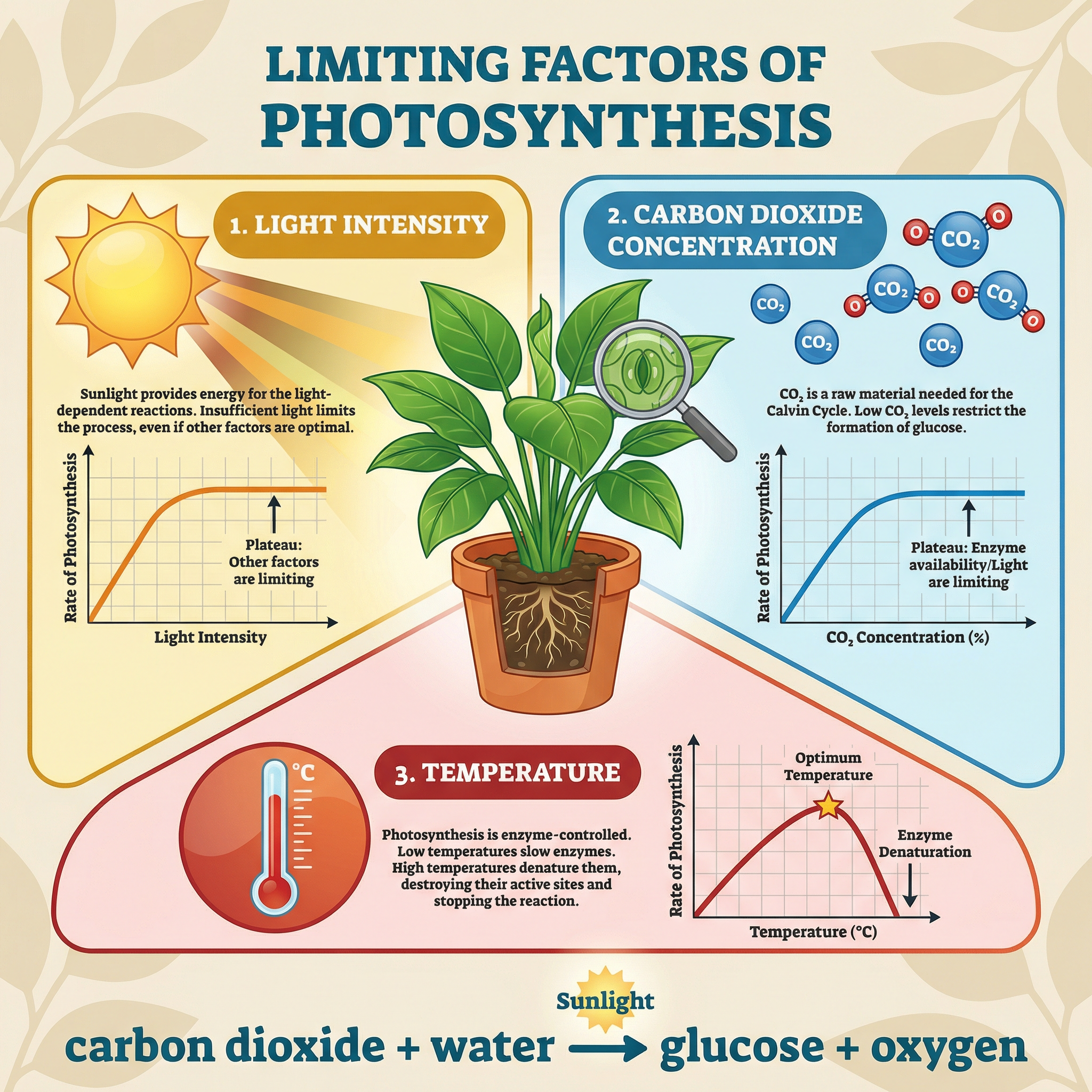 The three limiting factors of photosynthesis.