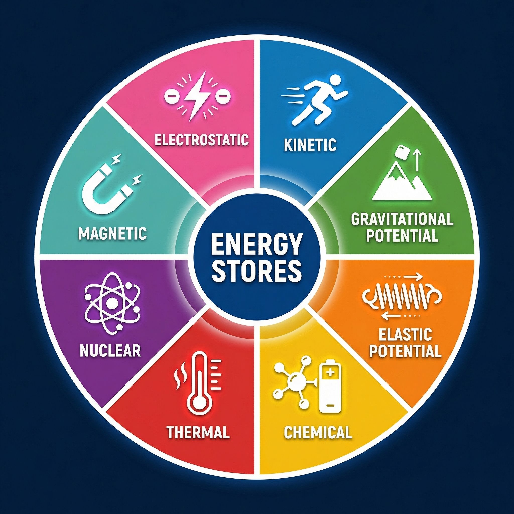 The eight key energy stores you need to know for GCSE Physics.