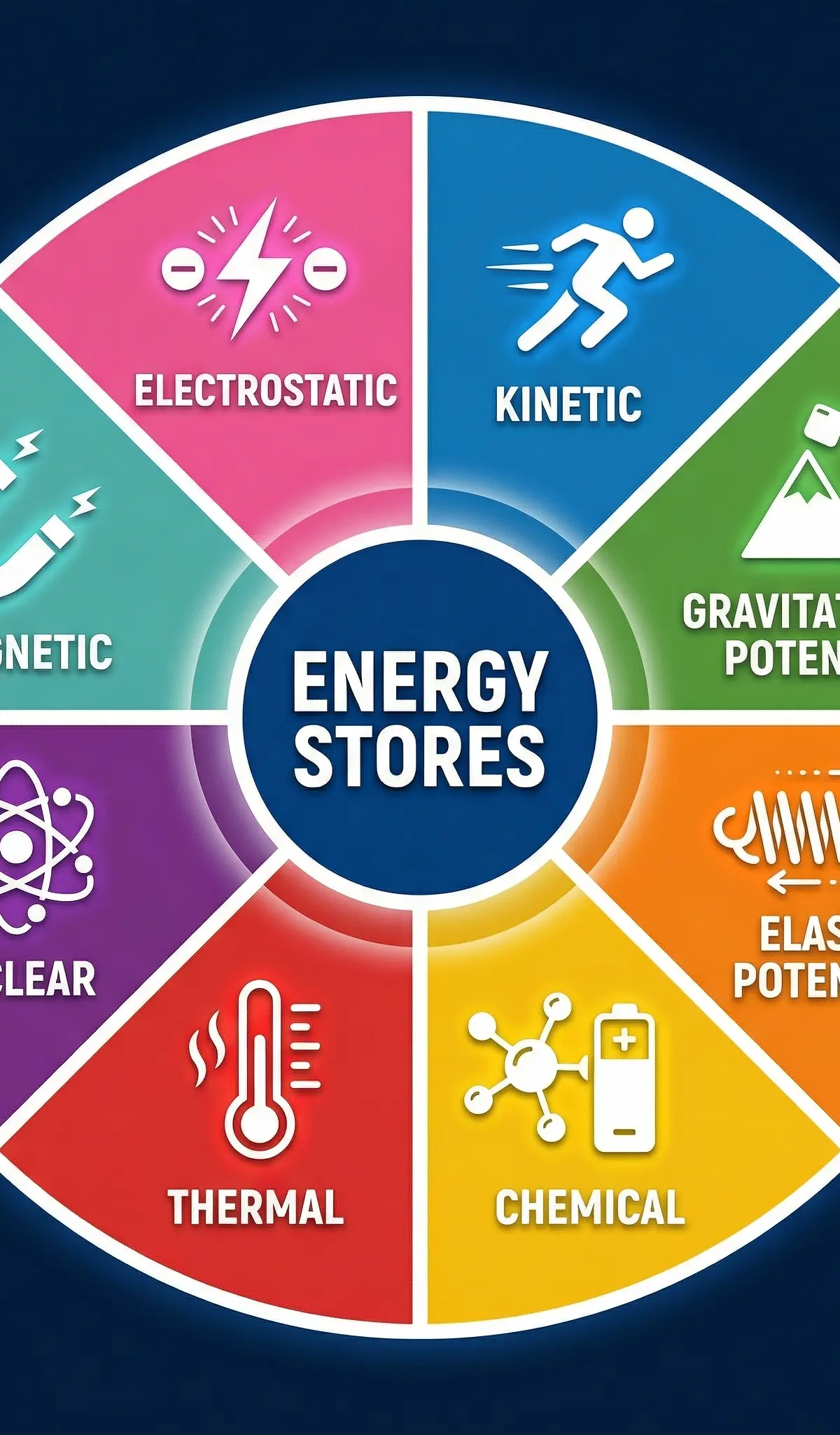 The eight key energy stores you need to know for GCSE Physics.