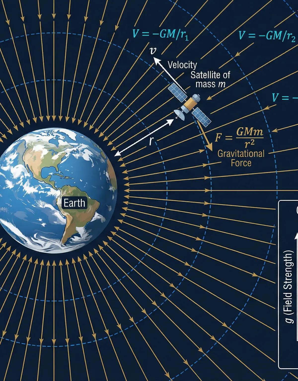 Gravitational Fields: Field lines (force) and equipotential surfaces (energy).