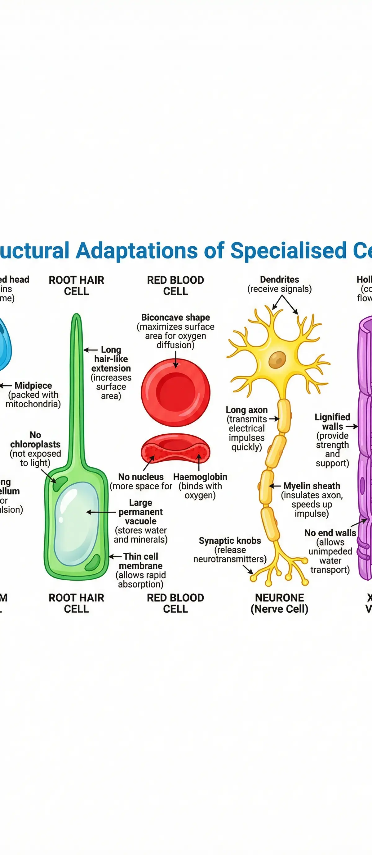 Key structural adaptations of specialised cells.