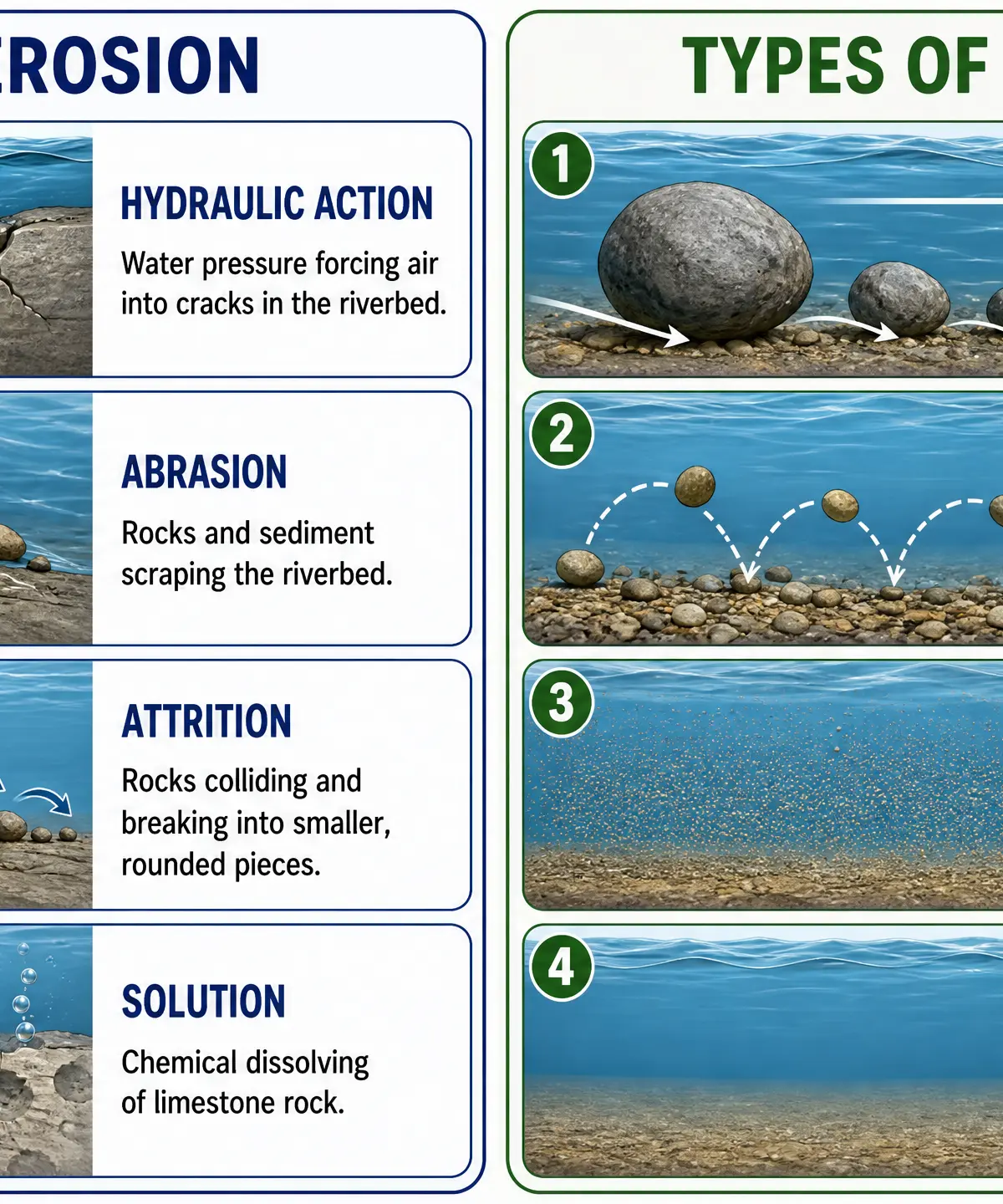 Types of river erosion and transportation.