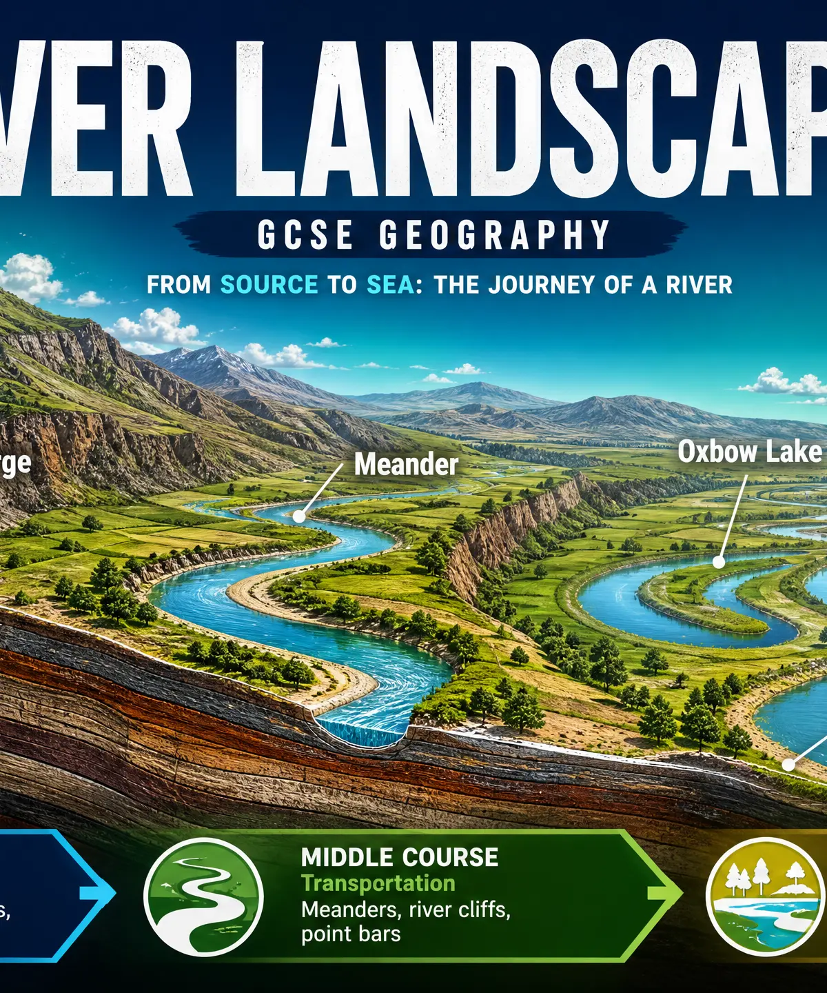 The journey of a river from source to sea.