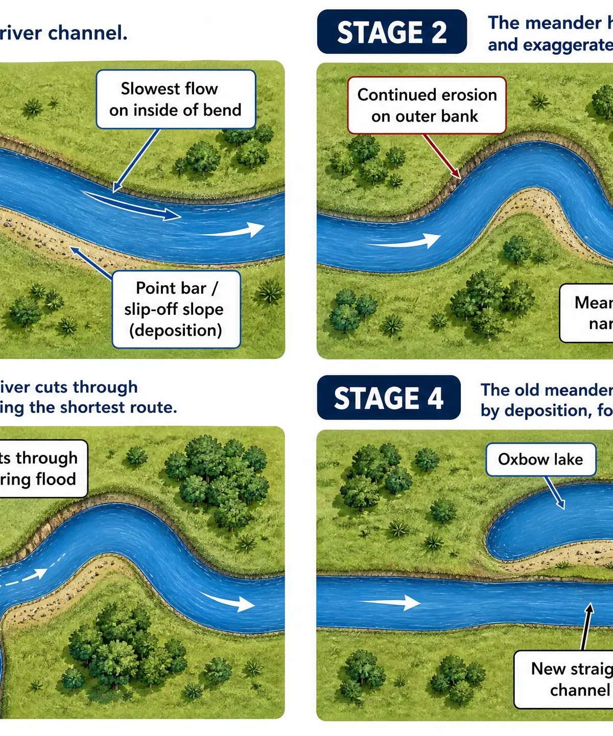 Formation of a meander and oxbow lake.