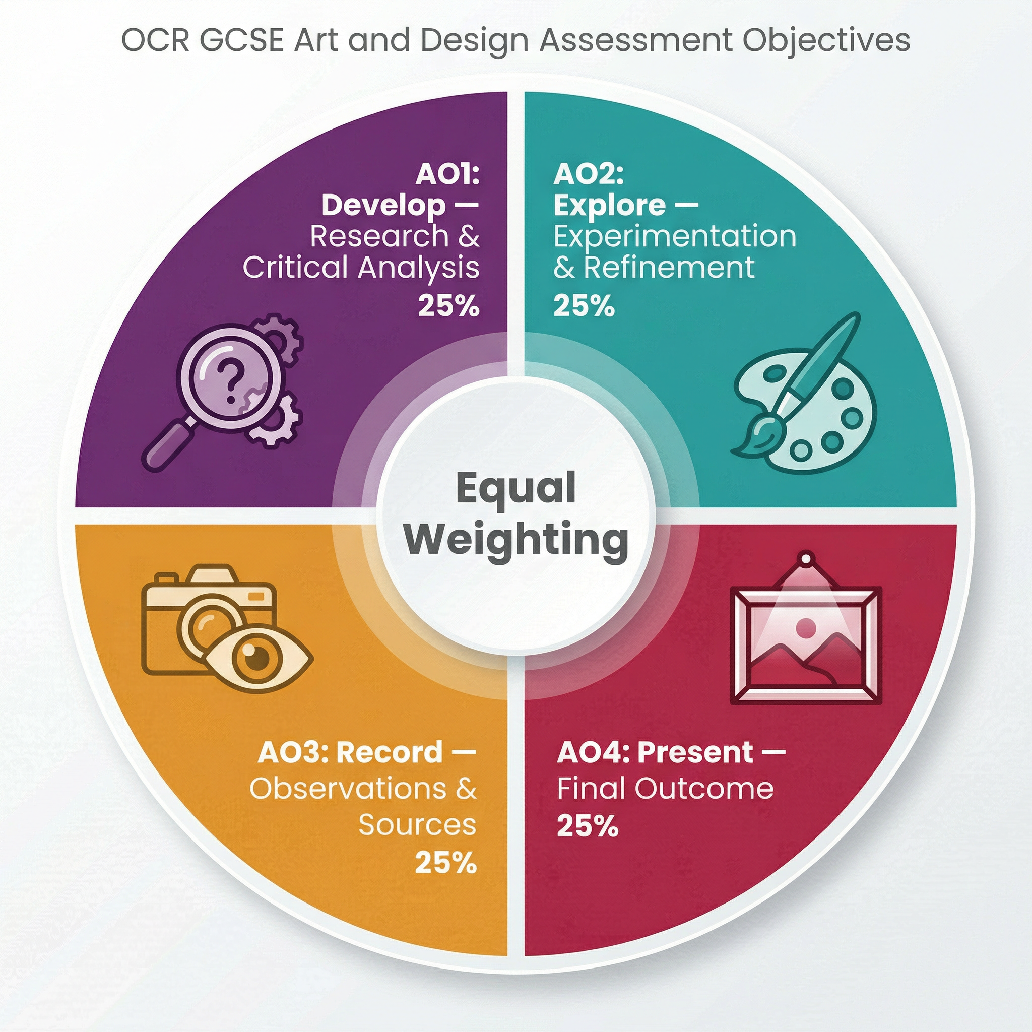 OCR GCSE Art & Design: Assessment Objectives Breakdown (25% each).