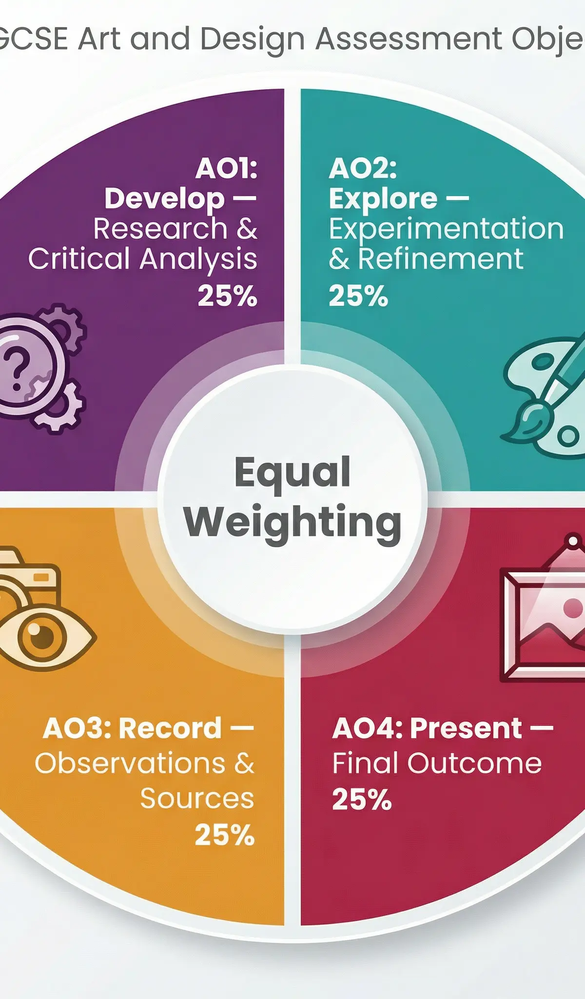 OCR GCSE Art & Design: Assessment Objectives Breakdown (25% each).
