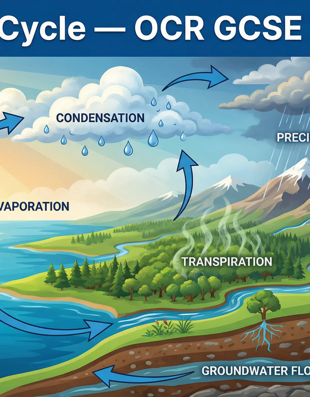 An overview of the Water Cycle, showing evaporation, condensation, precipitation, and transpiration.