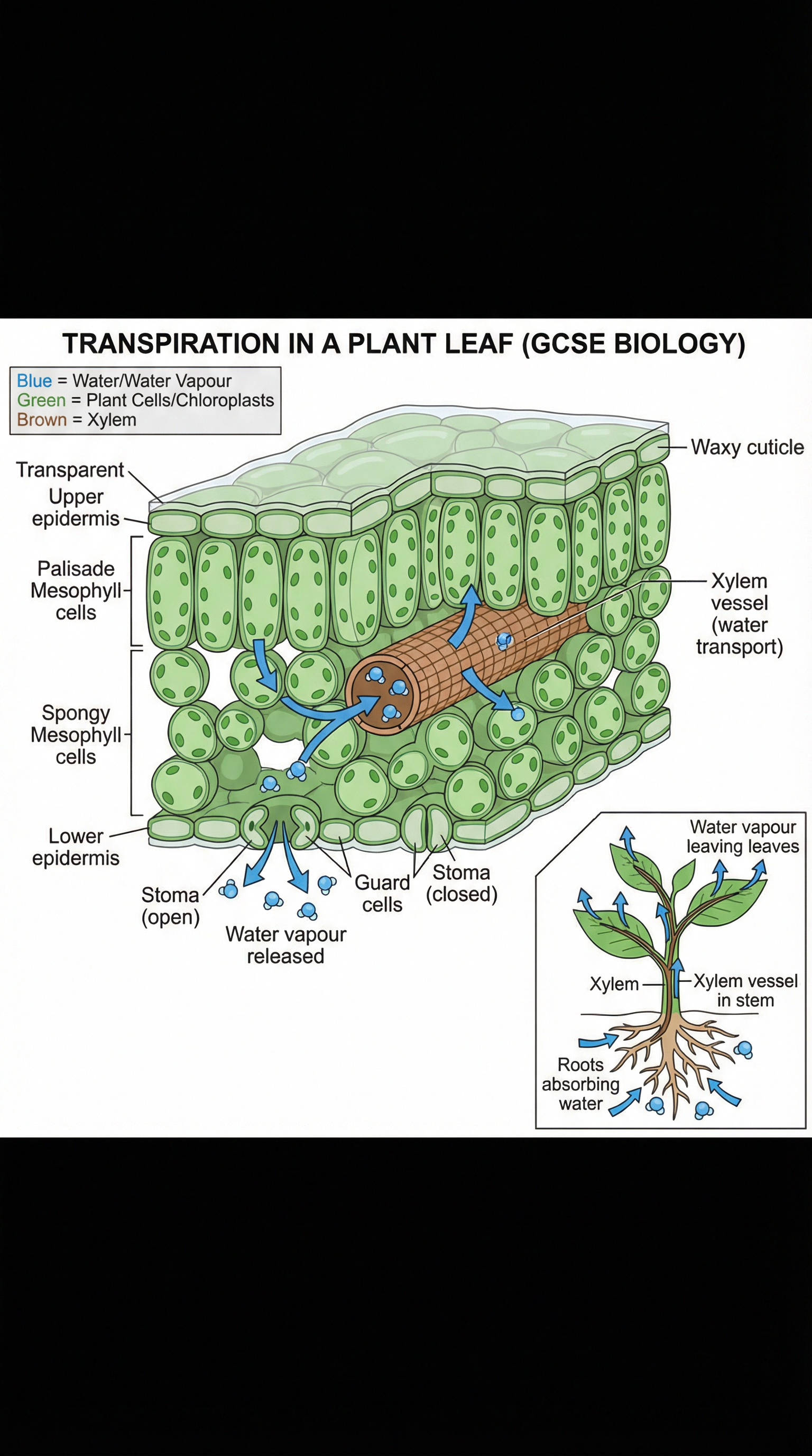 A close-up look at how water moves through a leaf and is released during transpiration.