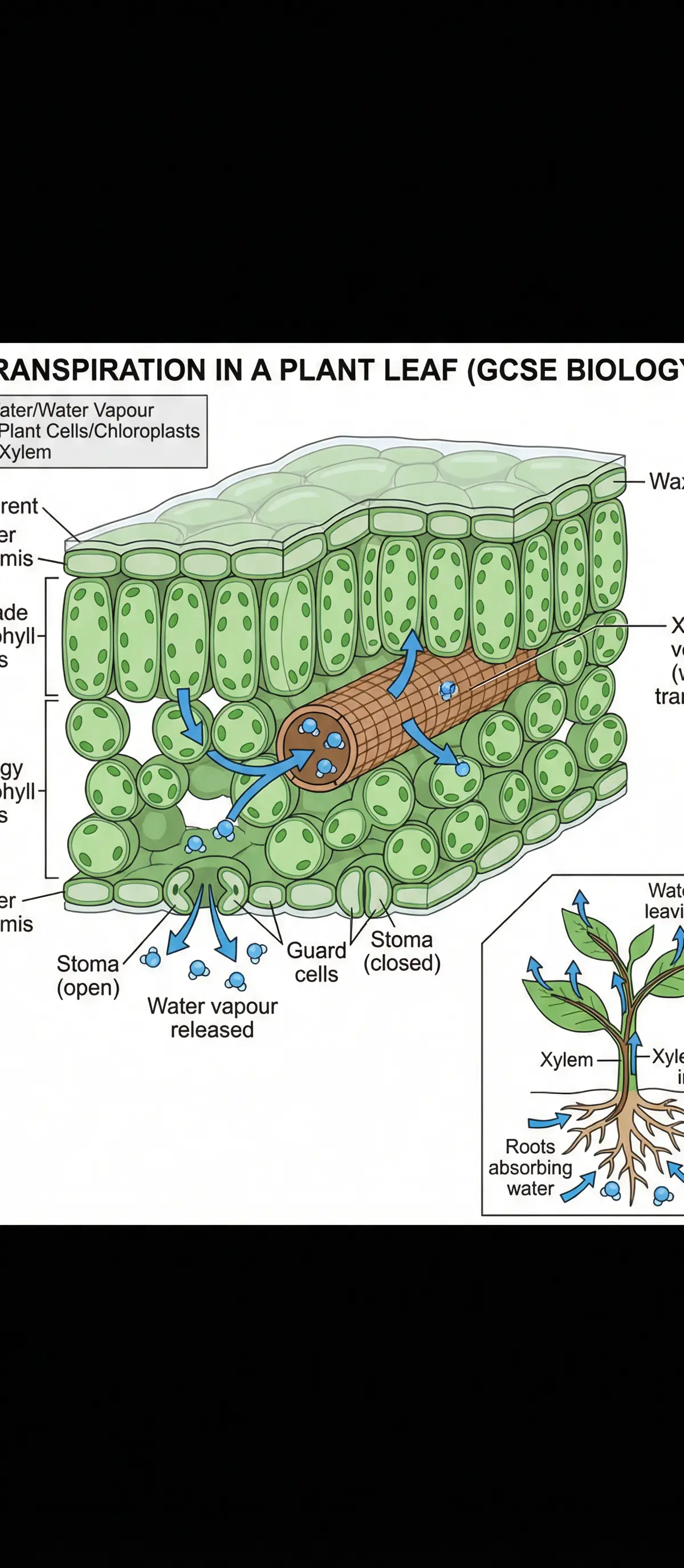 A close-up look at how water moves through a leaf and is released during transpiration.