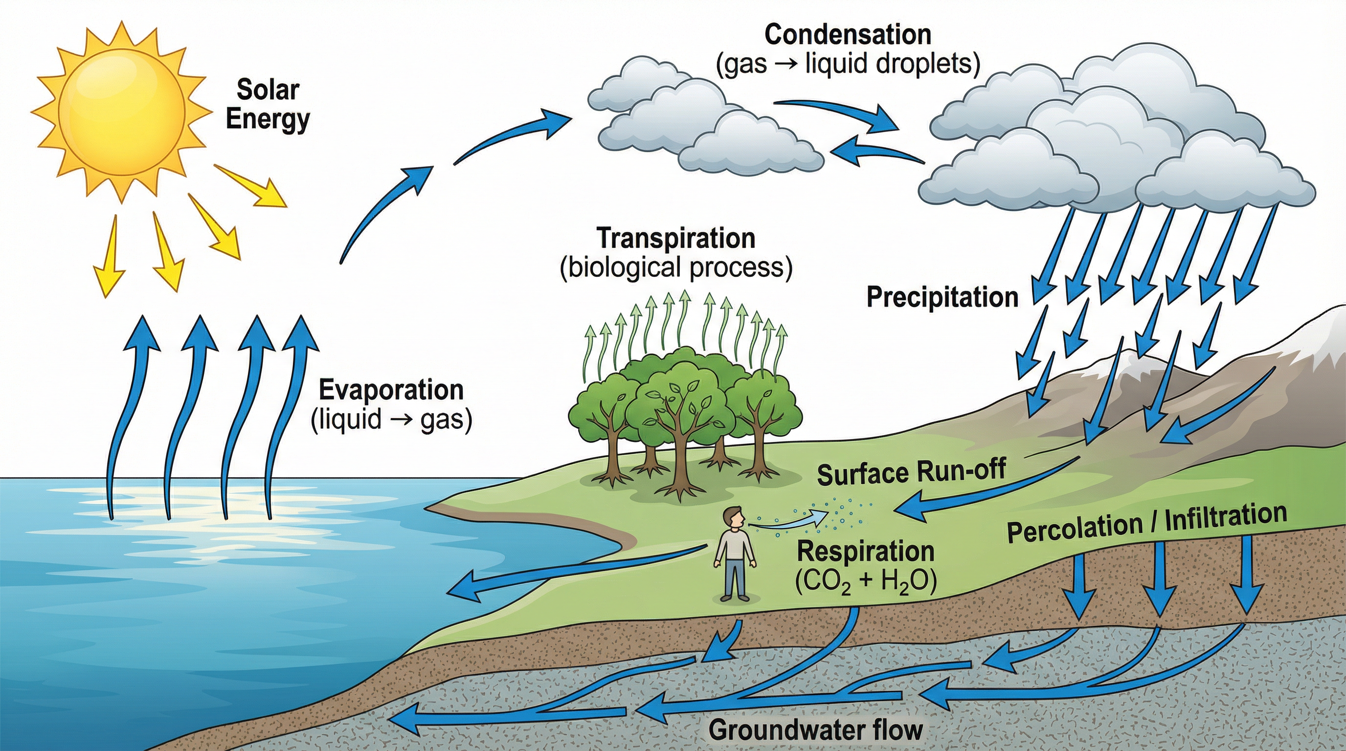 Key processes in the water cycle, including the crucial state changes.