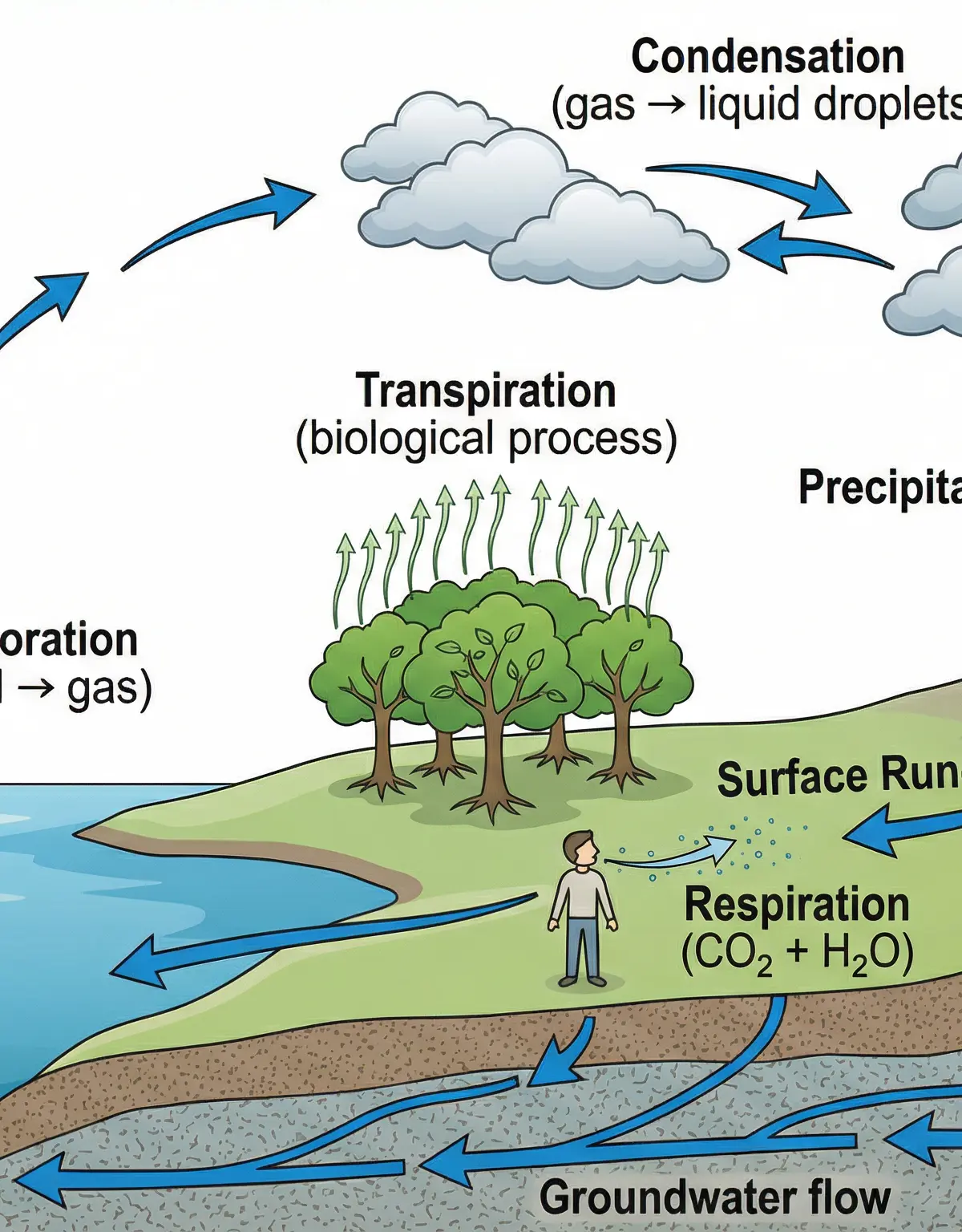 Key processes in the water cycle, including the crucial state changes.