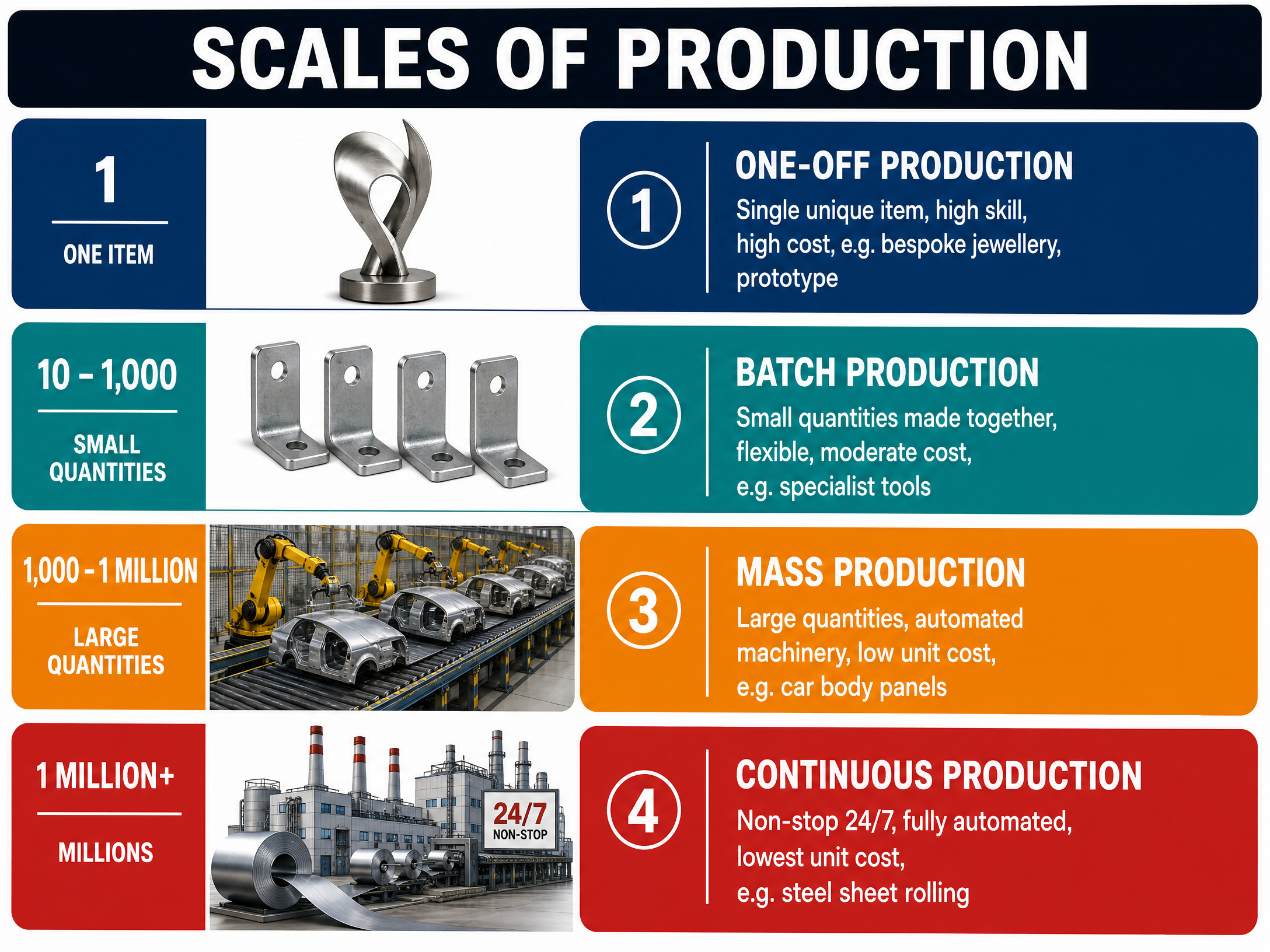 The four scales of production: One-off, Batch, Mass, and Continuous