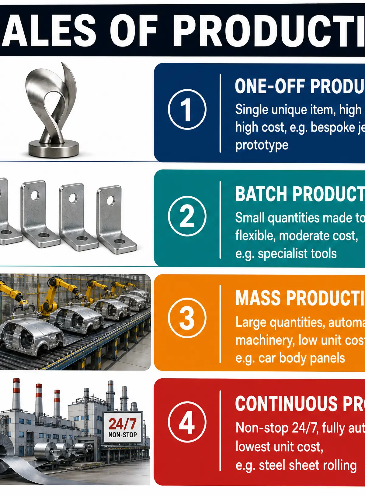 The four scales of production: One-off, Batch, Mass, and Continuous