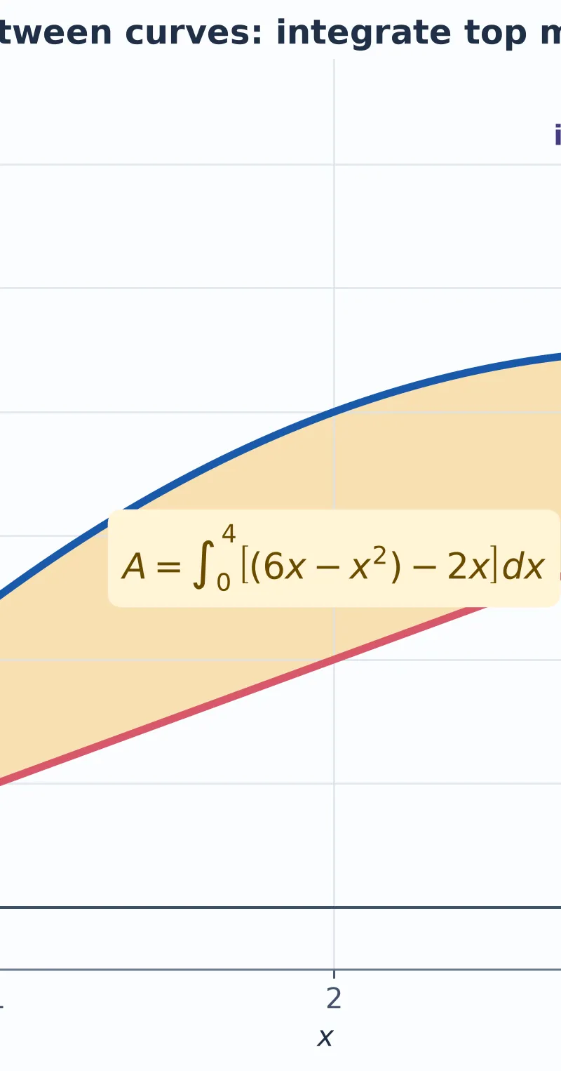 For two curves, integrate upper minus lower between intersections.
