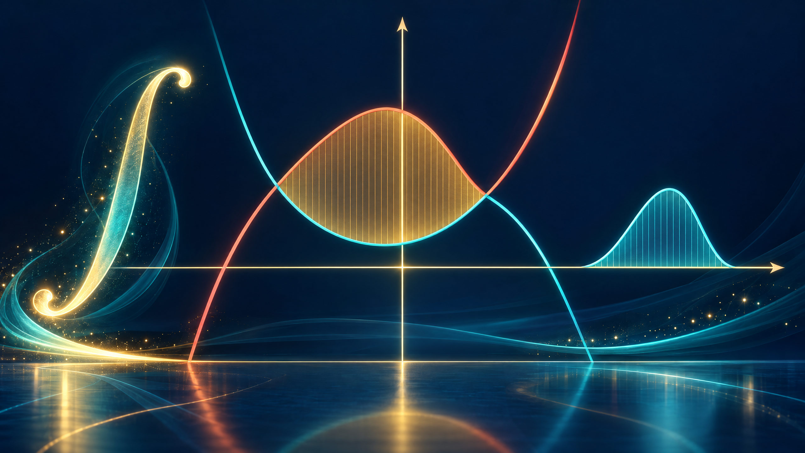 Definite integration: turning curves into finite area.
