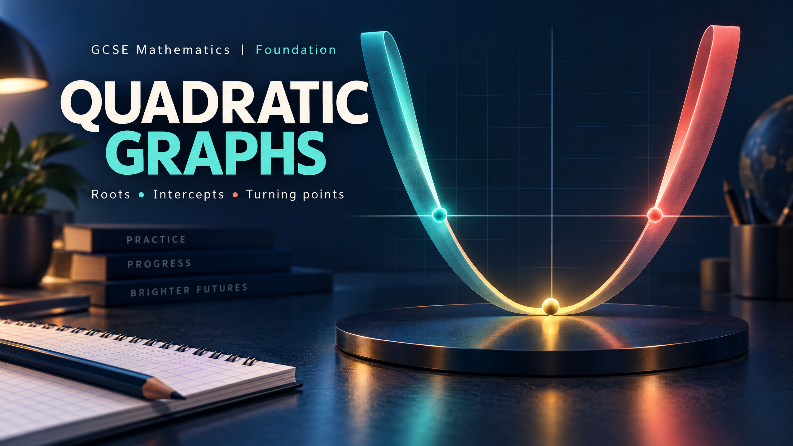 Quadratic graphs: roots, intercepts and turning points.