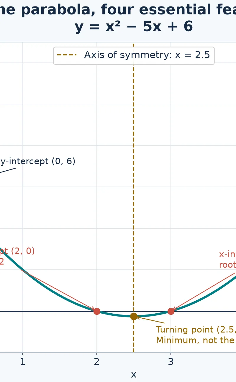 Roots 2 and 3; y-intercept (0, 6); minimum (2.5, −0.25).