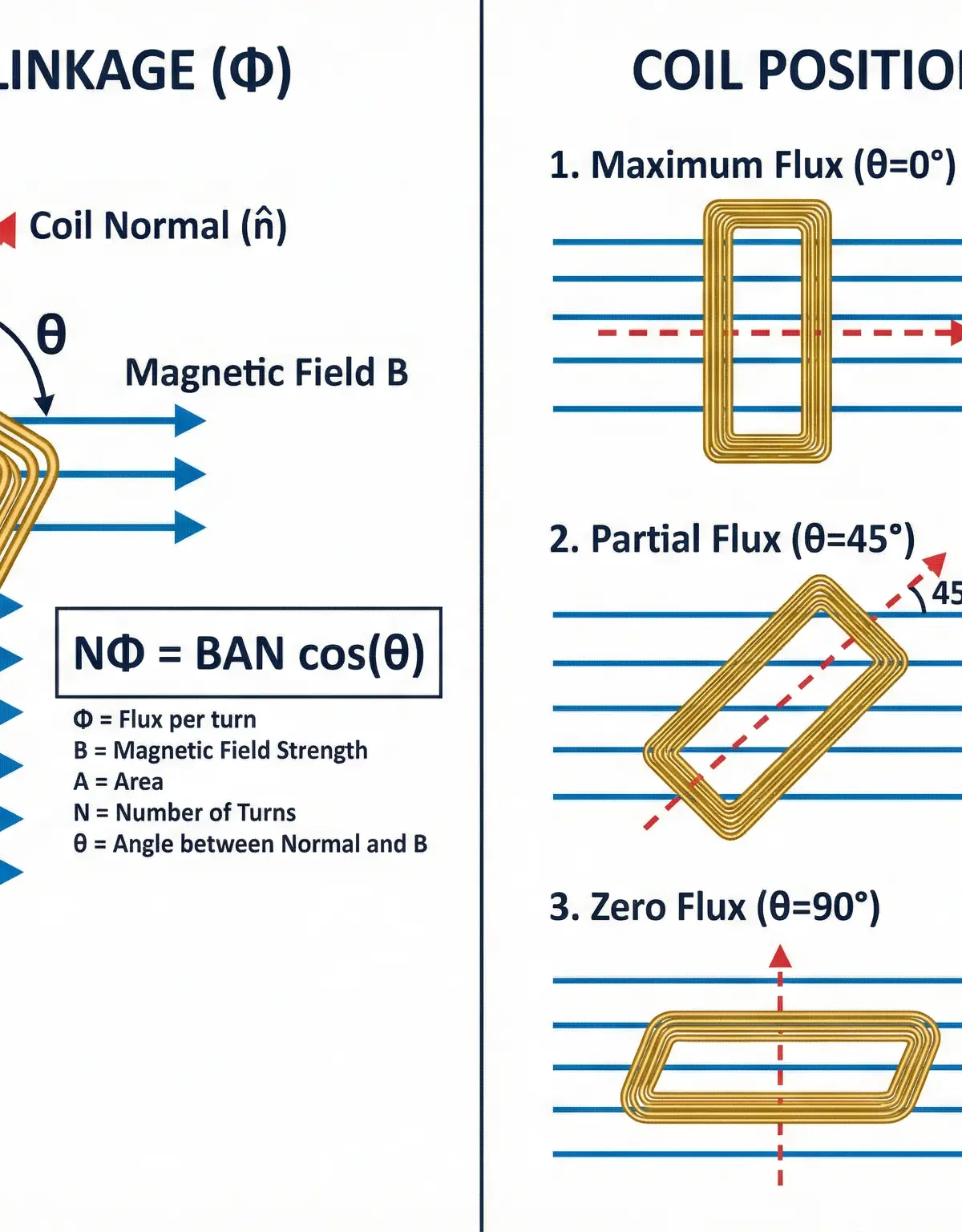 Diagram of Magnetic Flux Linkage (NΦ = BAN cosθ)