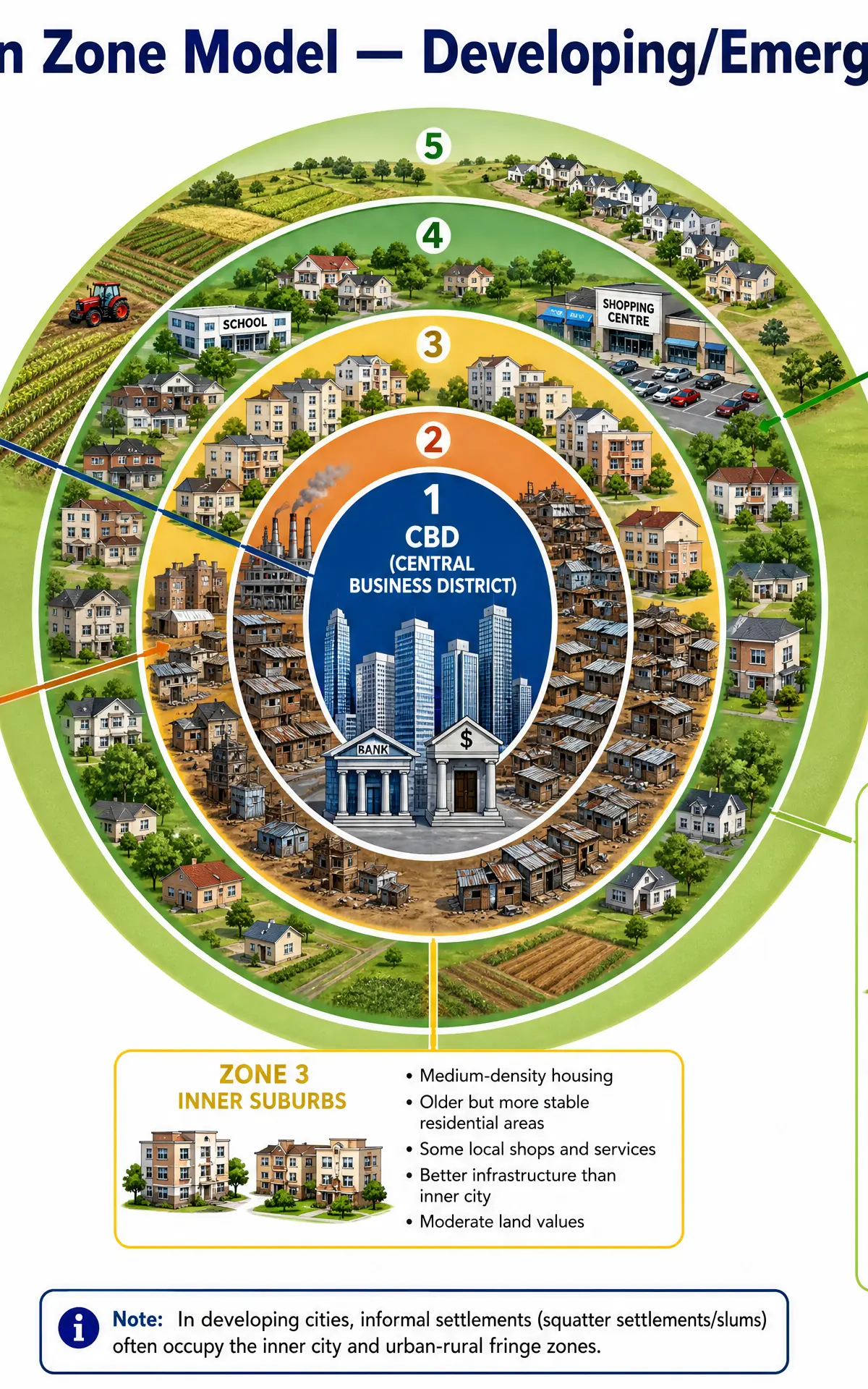 The Concentric Zone Model applied to developing/emerging cities.