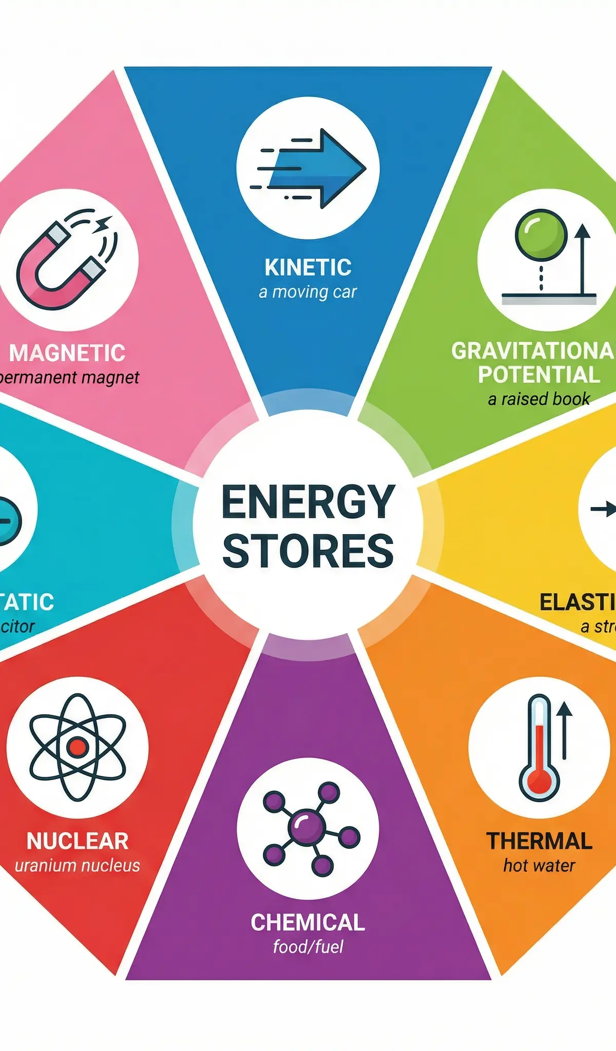 A summary of the eight key energy stores candidates must memorise.