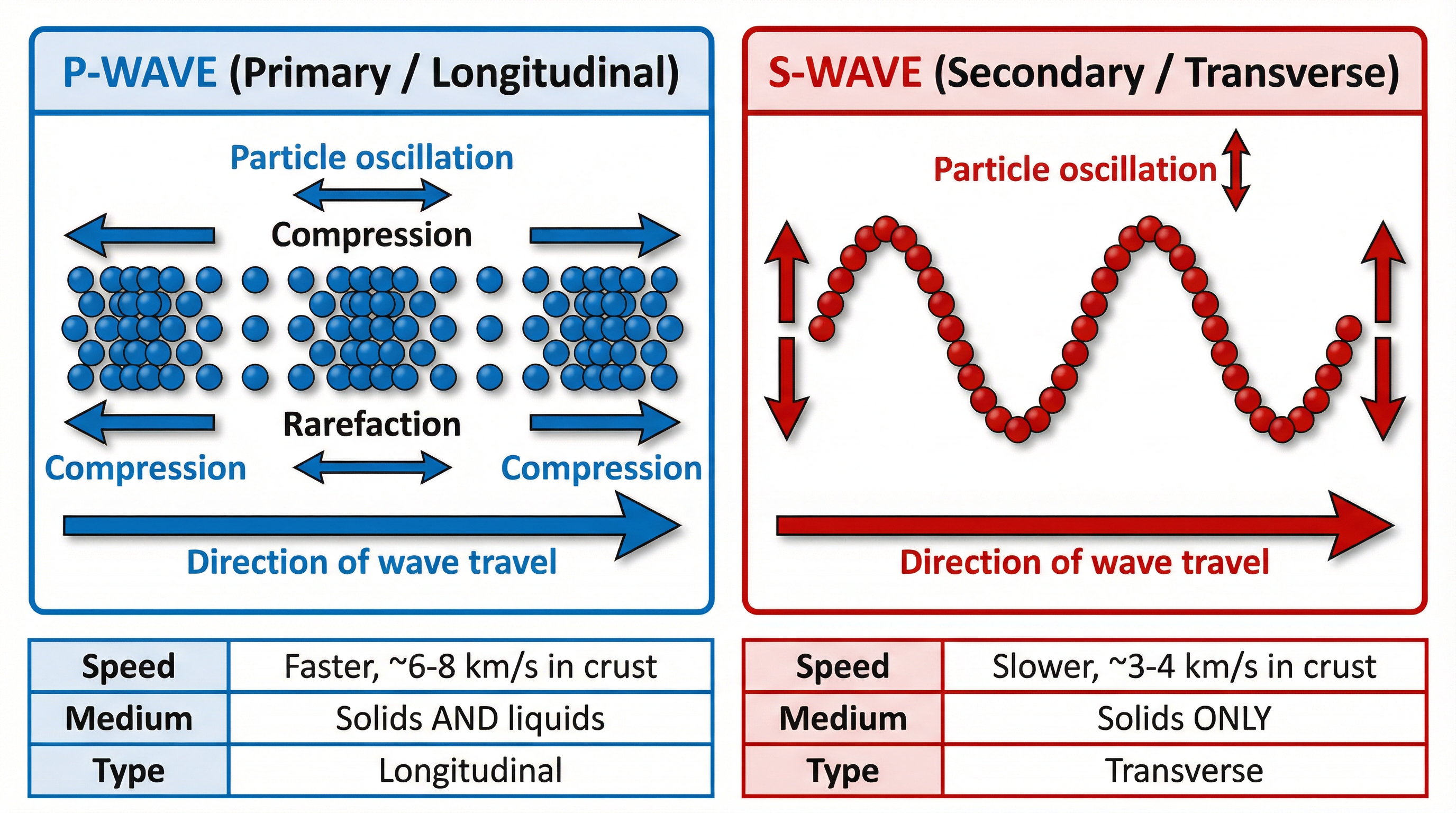 Comparison of P-wave and S-wave properties.