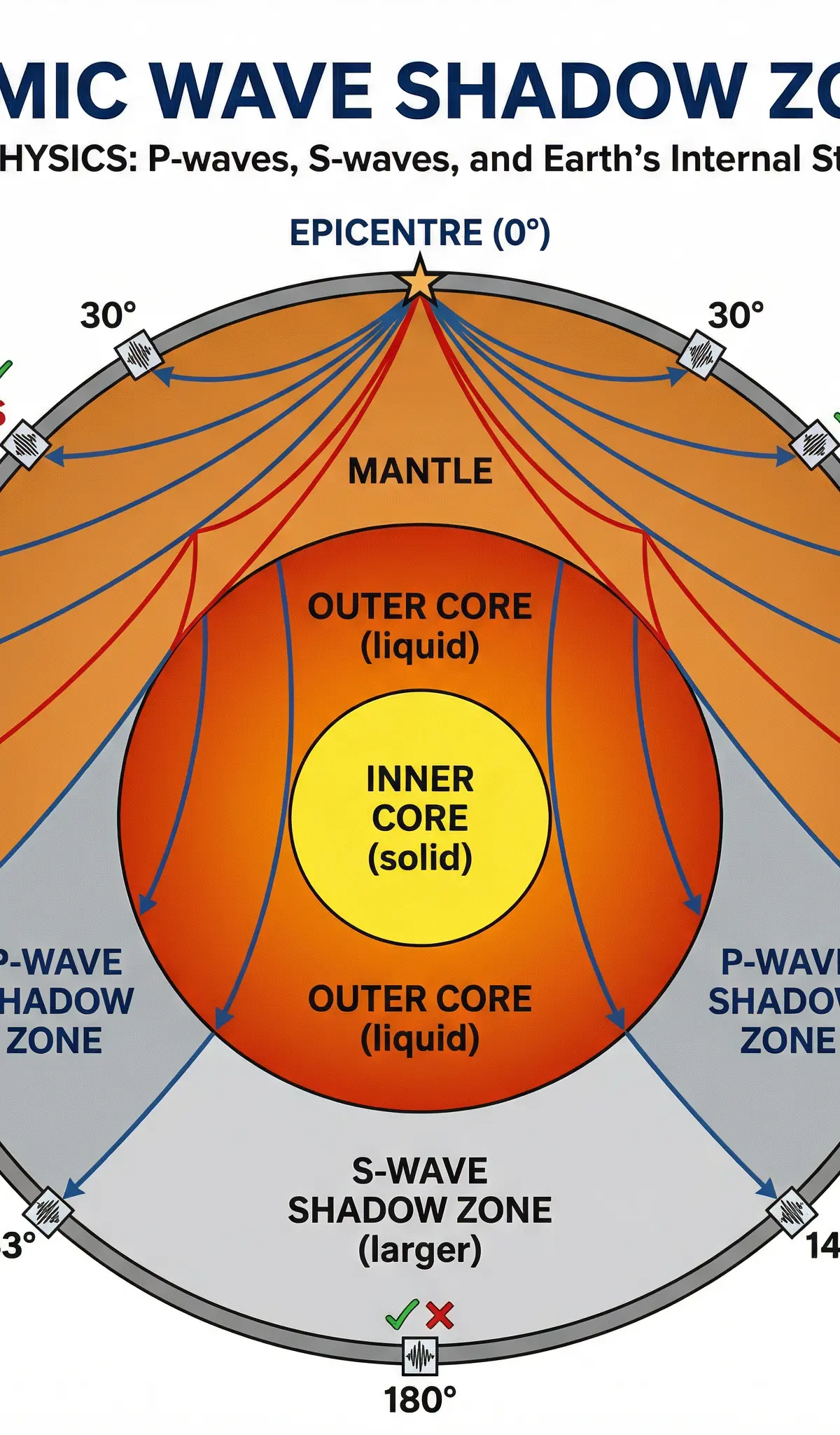Formation of P-wave and S-wave shadow zones.