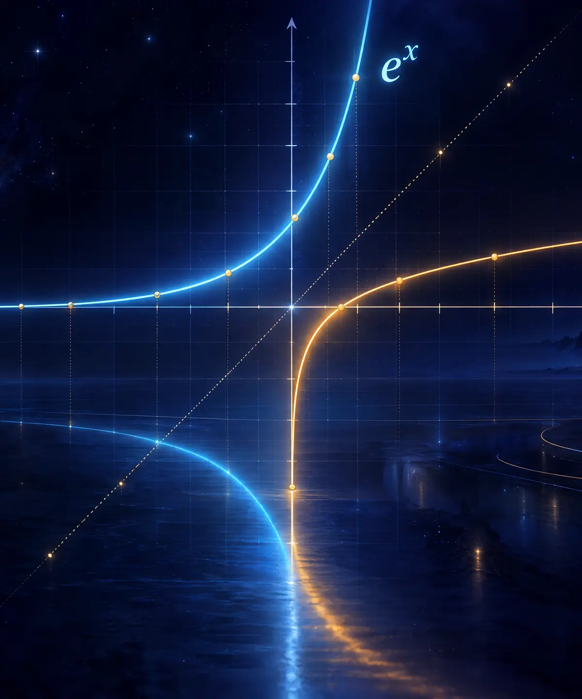 Exponentials and logarithms: inverse functions reflected across y = x.