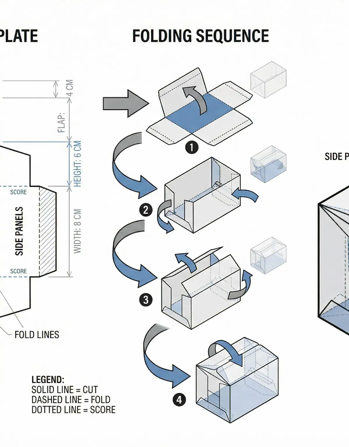 Diagram illustrating the construction of a packaging net from a 2D template to a 3D form.