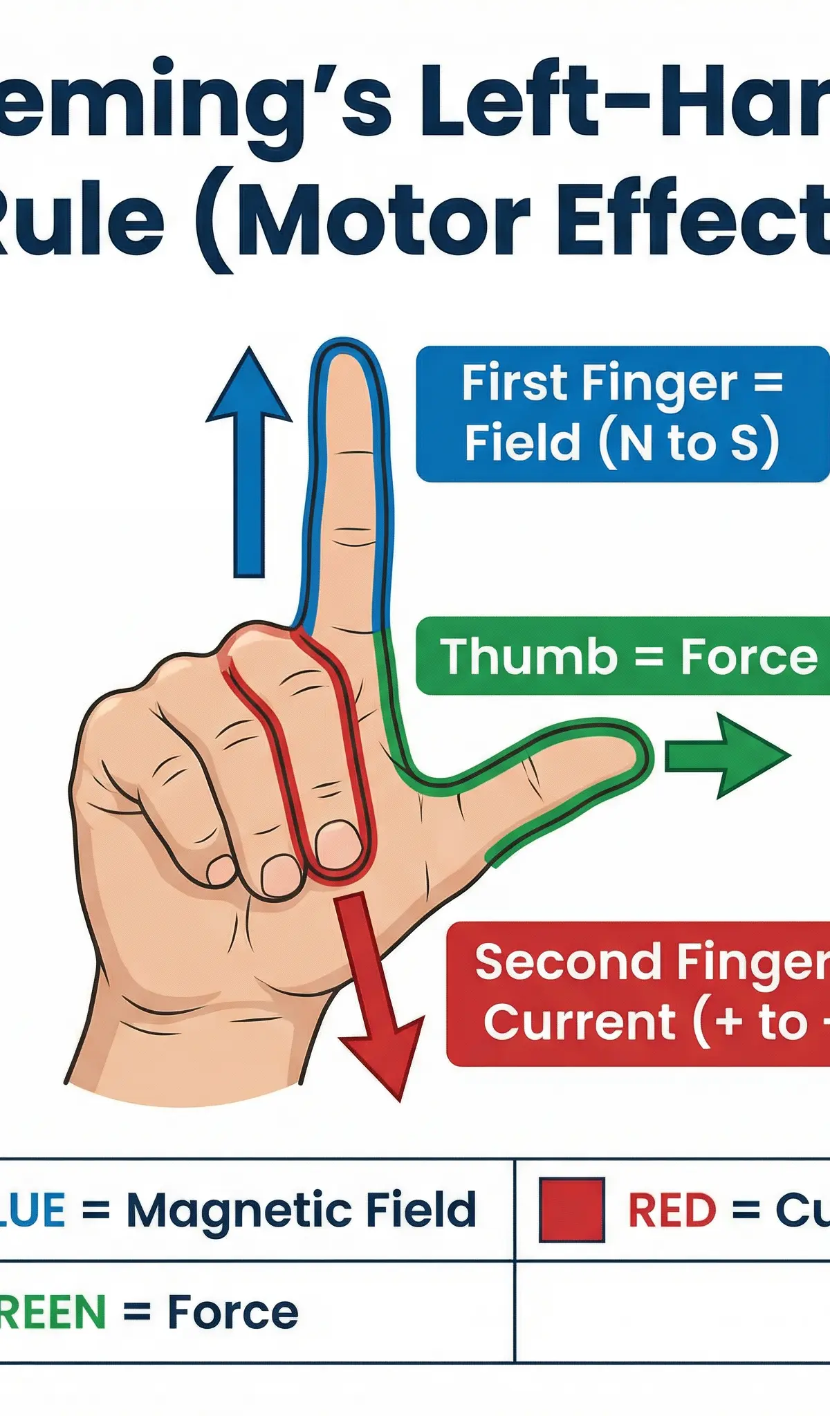 Fleming's Left-Hand Rule — First finger = Field, Second finger = Current, Thumb = Motion