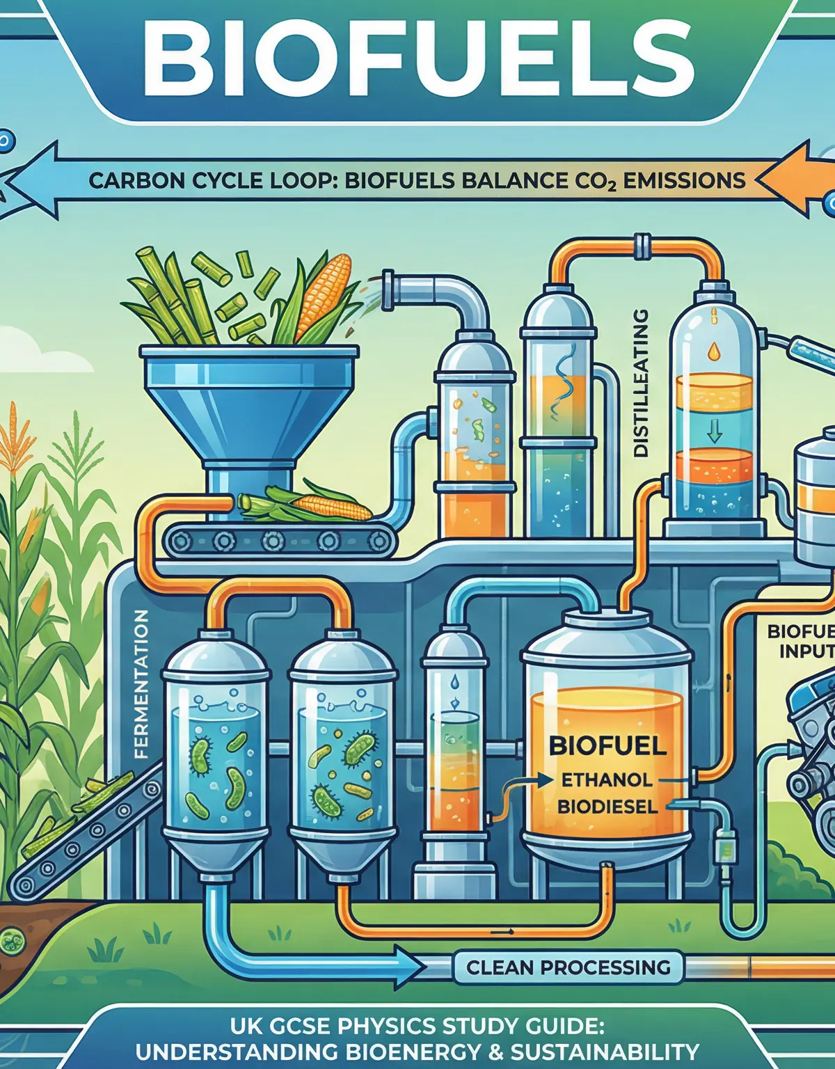 An illustration showing the complete lifecycle of biofuels, from crop growth to energy production.