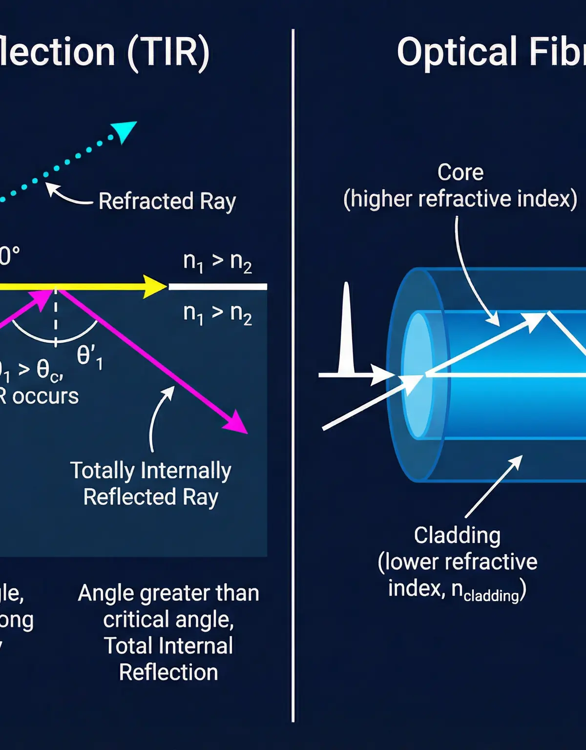 Diagram of Total Internal Reflection and Optical Fibres