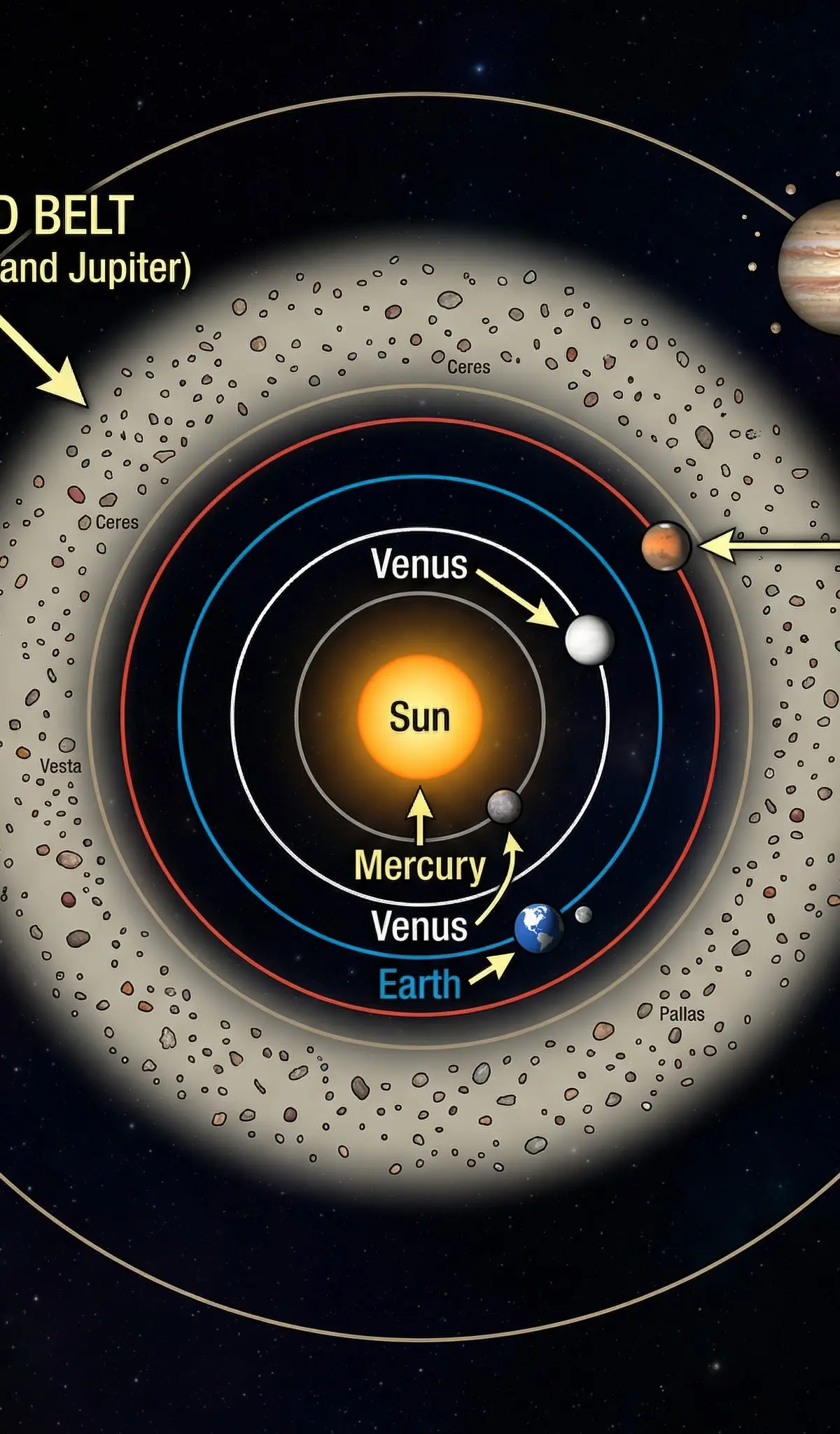 Diagram of the main asteroid belt's location between Mars and Jupiter.
