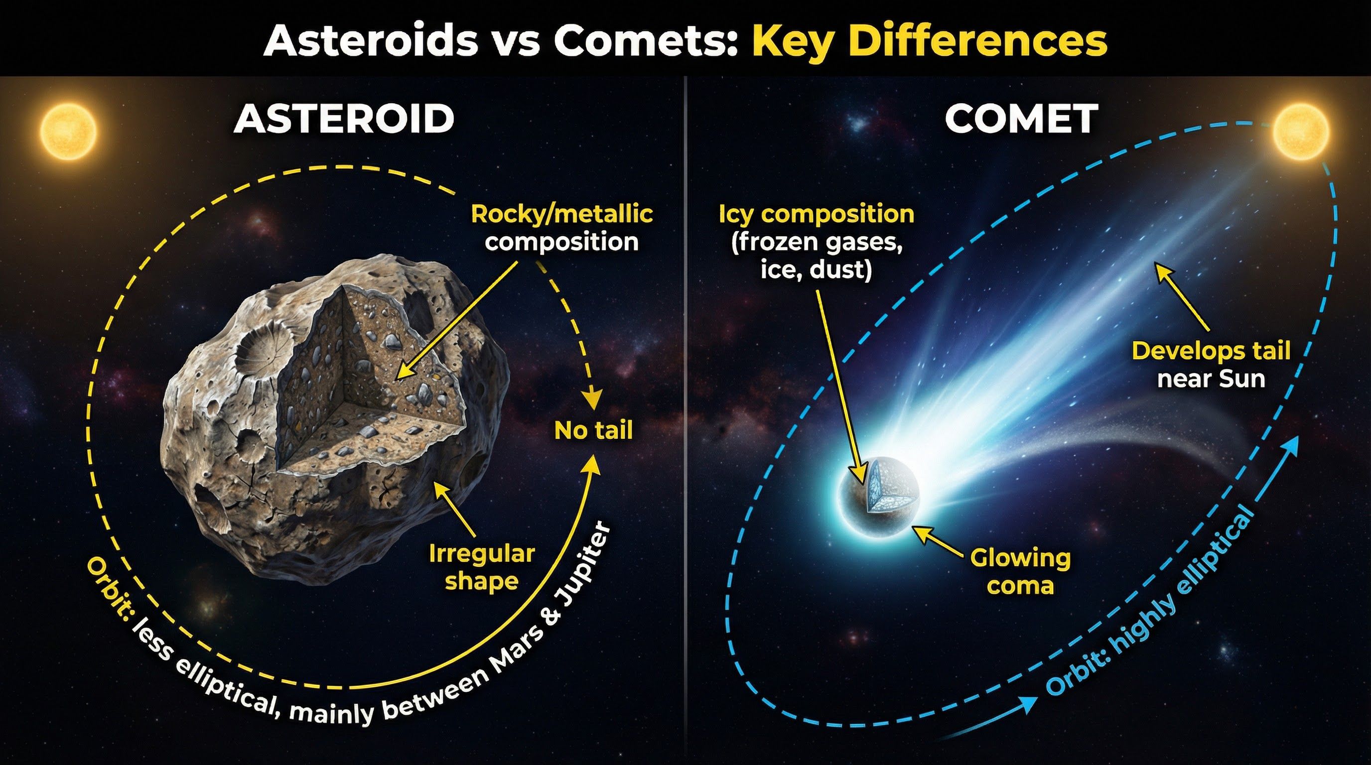 Key differences between asteroids and comets.