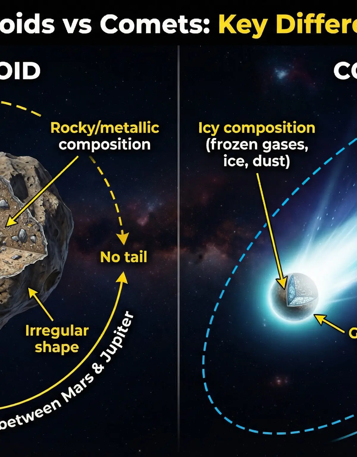 Key differences between asteroids and comets.