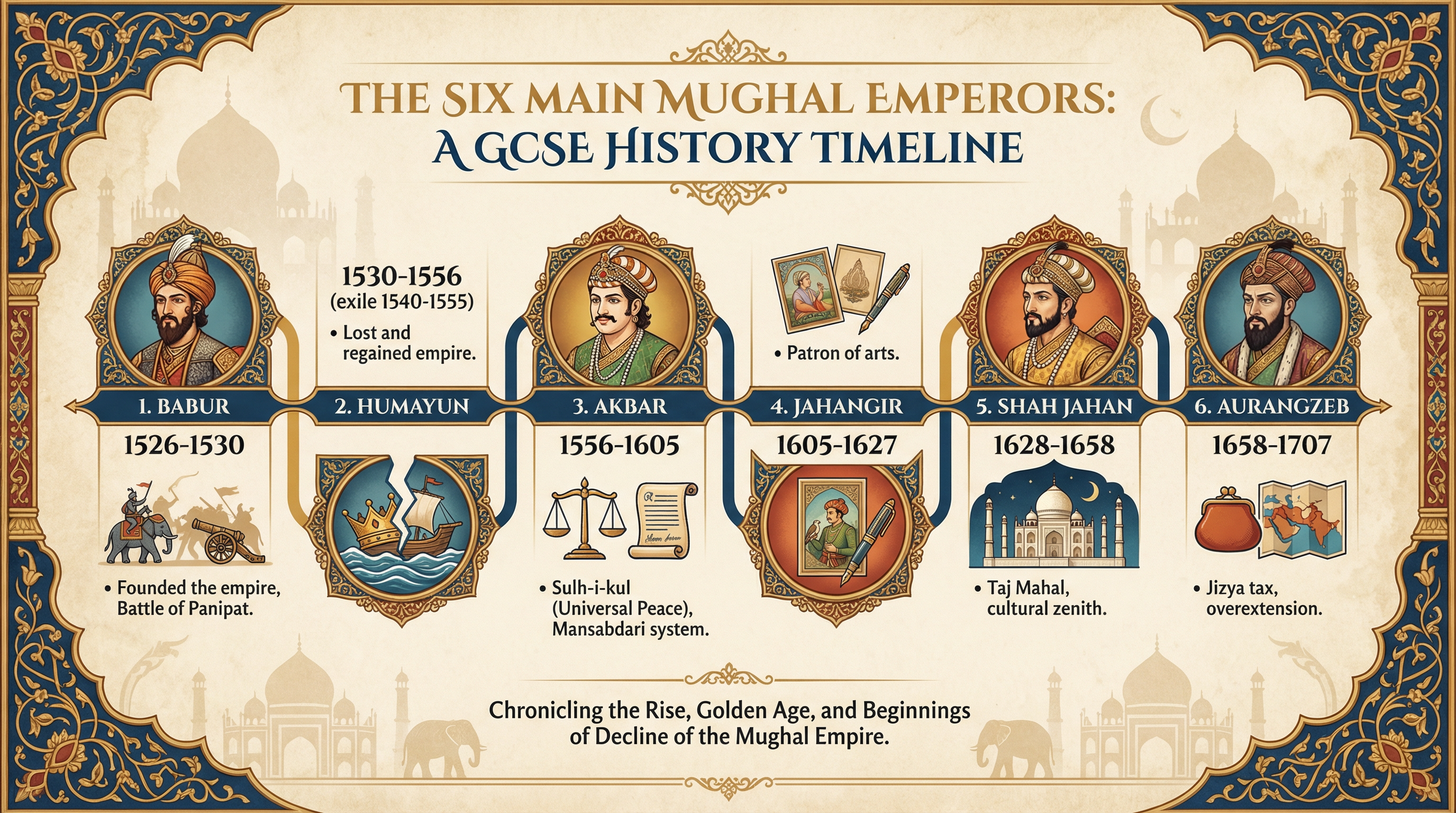 Timeline of the Great Mughals and their key contributions.