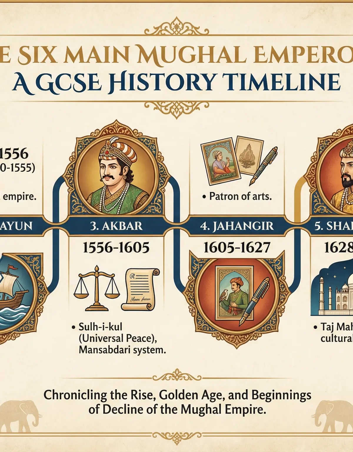 Timeline of the Great Mughals and their key contributions.