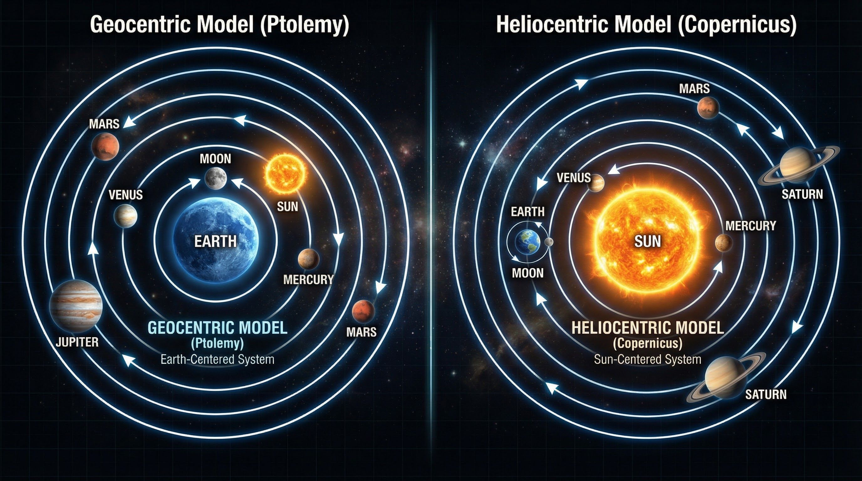 Comparison of the Geocentric (Ptolemaic) and Heliocentric (Copernican) models.