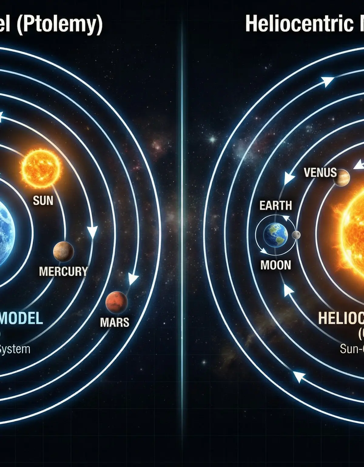 Comparison of the Geocentric (Ptolemaic) and Heliocentric (Copernican) models.