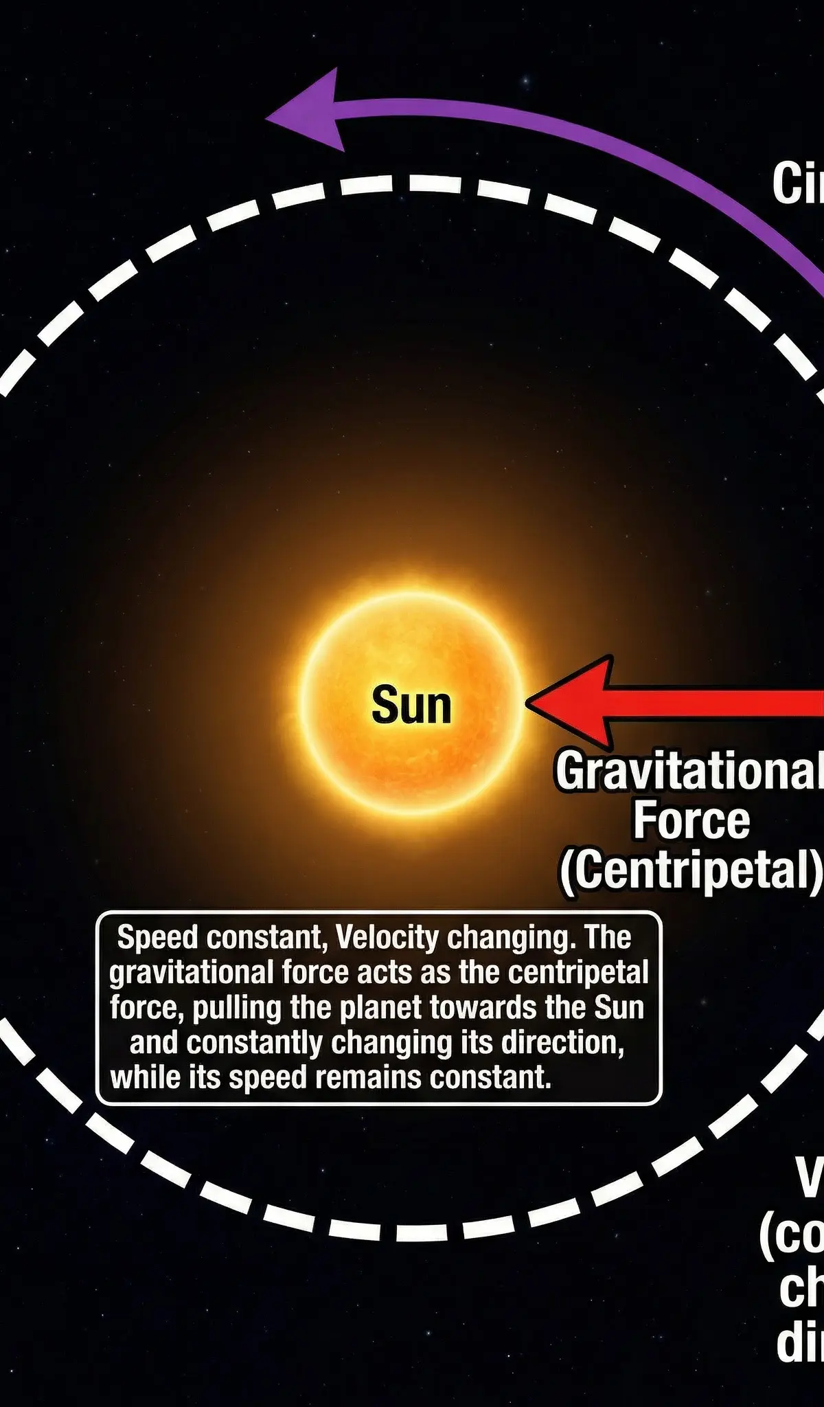 Physics of orbital motion: Gravity provides the centripetal force, causing constant acceleration due to changing velocity.