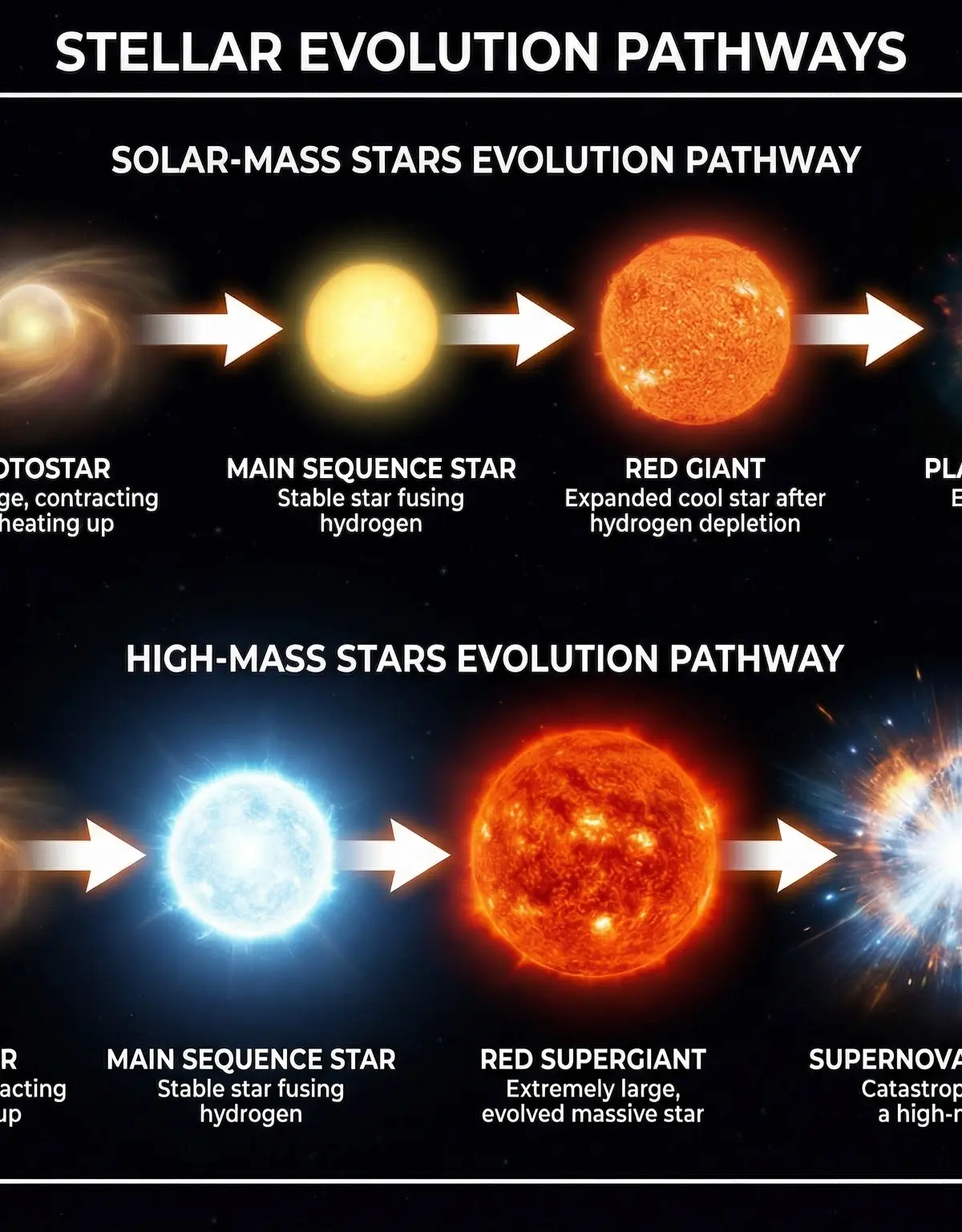 The life cycle pathways for low-mass (like the Sun) and high-mass stars.