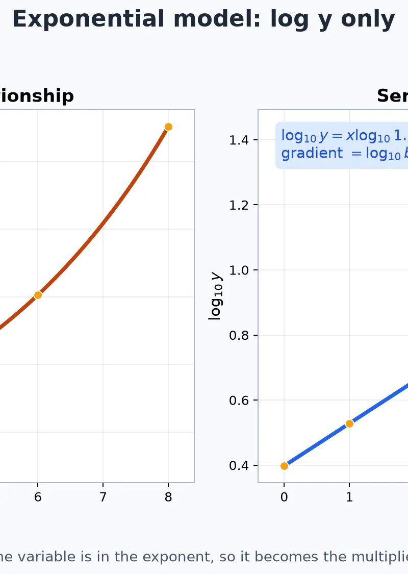 Exponential model: log y only, then read log b and log k.