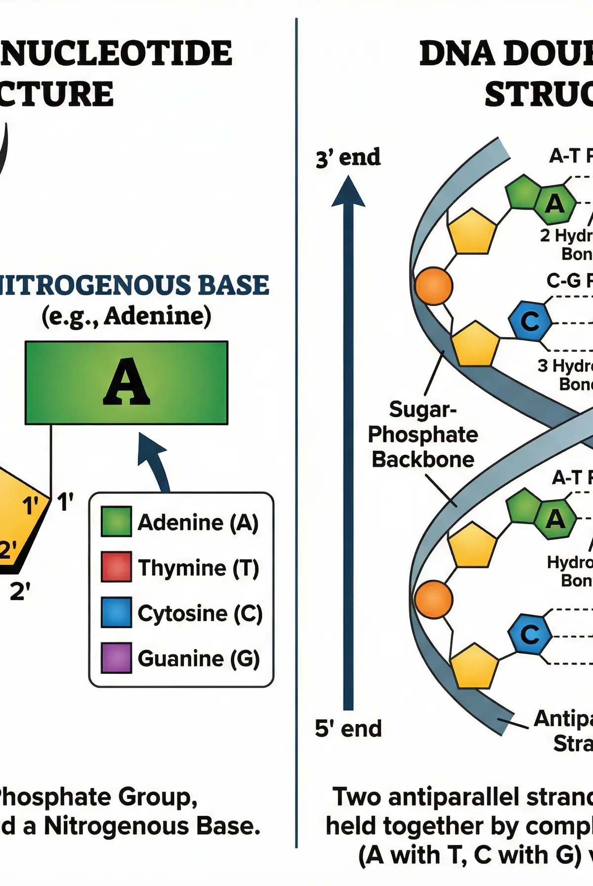 Structure of a DNA nucleotide and the double helix