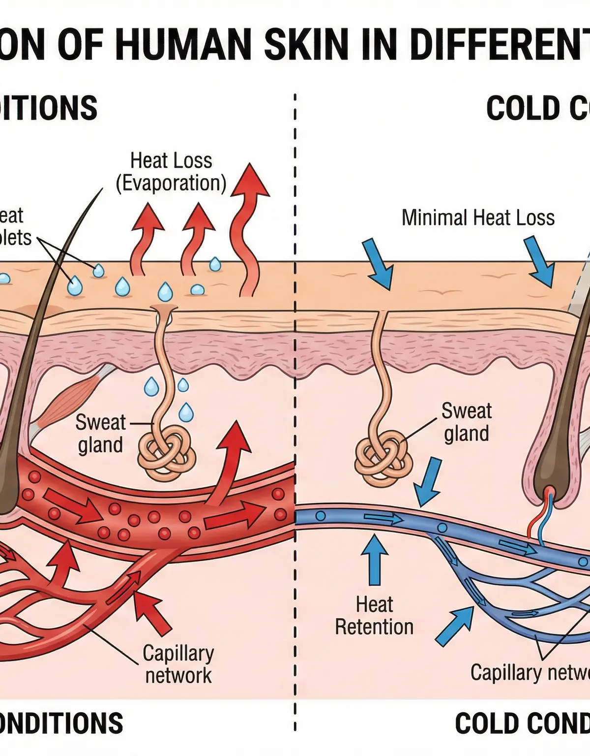 Cross-section of the skin showing effectors for thermoregulation in hot and cold conditions.