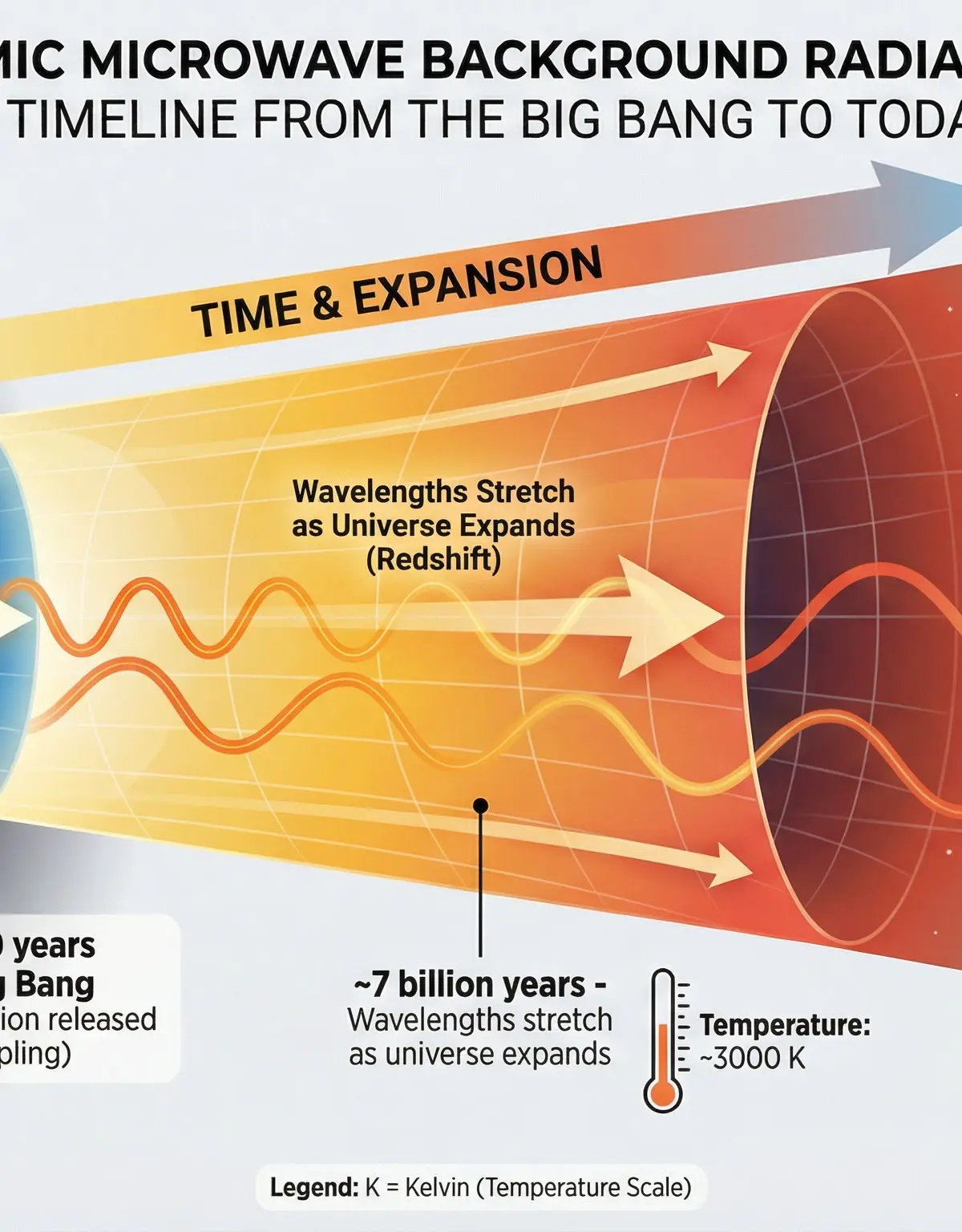 Timeline of the Cosmic Microwave Background Radiation from the Big Bang to the present day, showing how wavelengths stretched as the universe expanded.