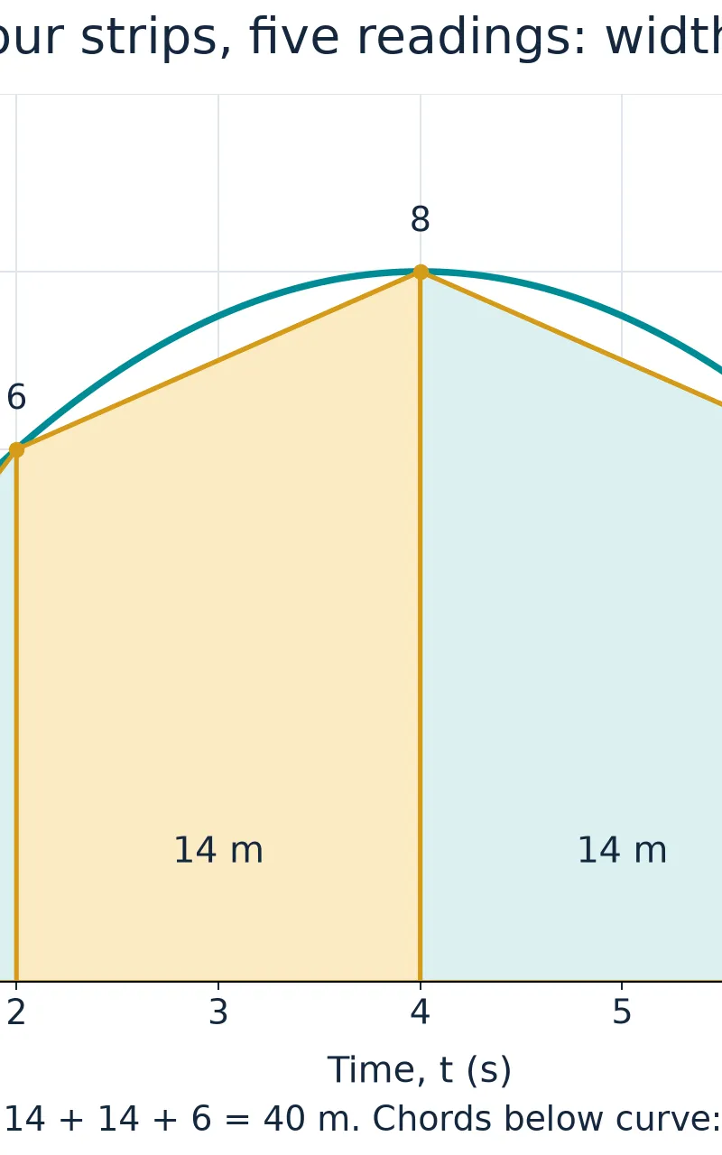 Five readings produce four 2-second strips; estimated distance 40 m, an underestimate.