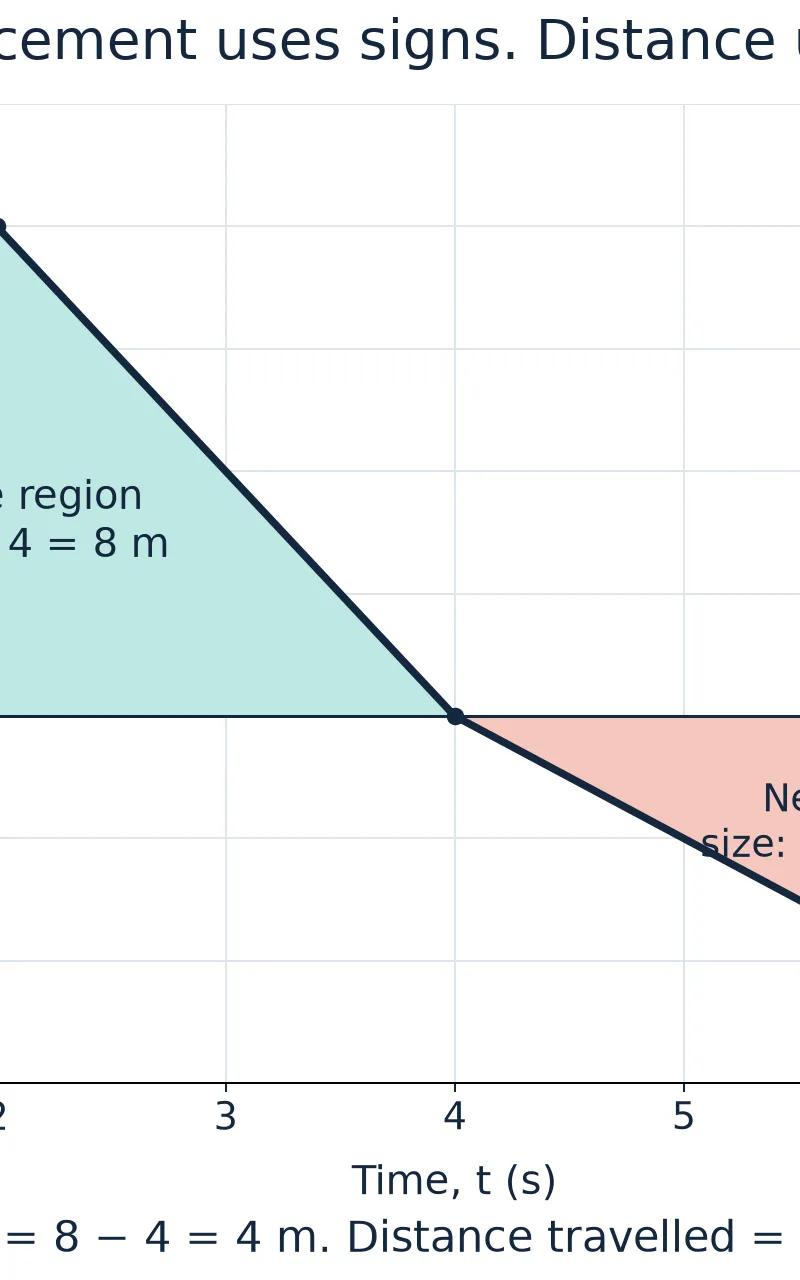 Displacement = +4 m; distance travelled = 12 m.