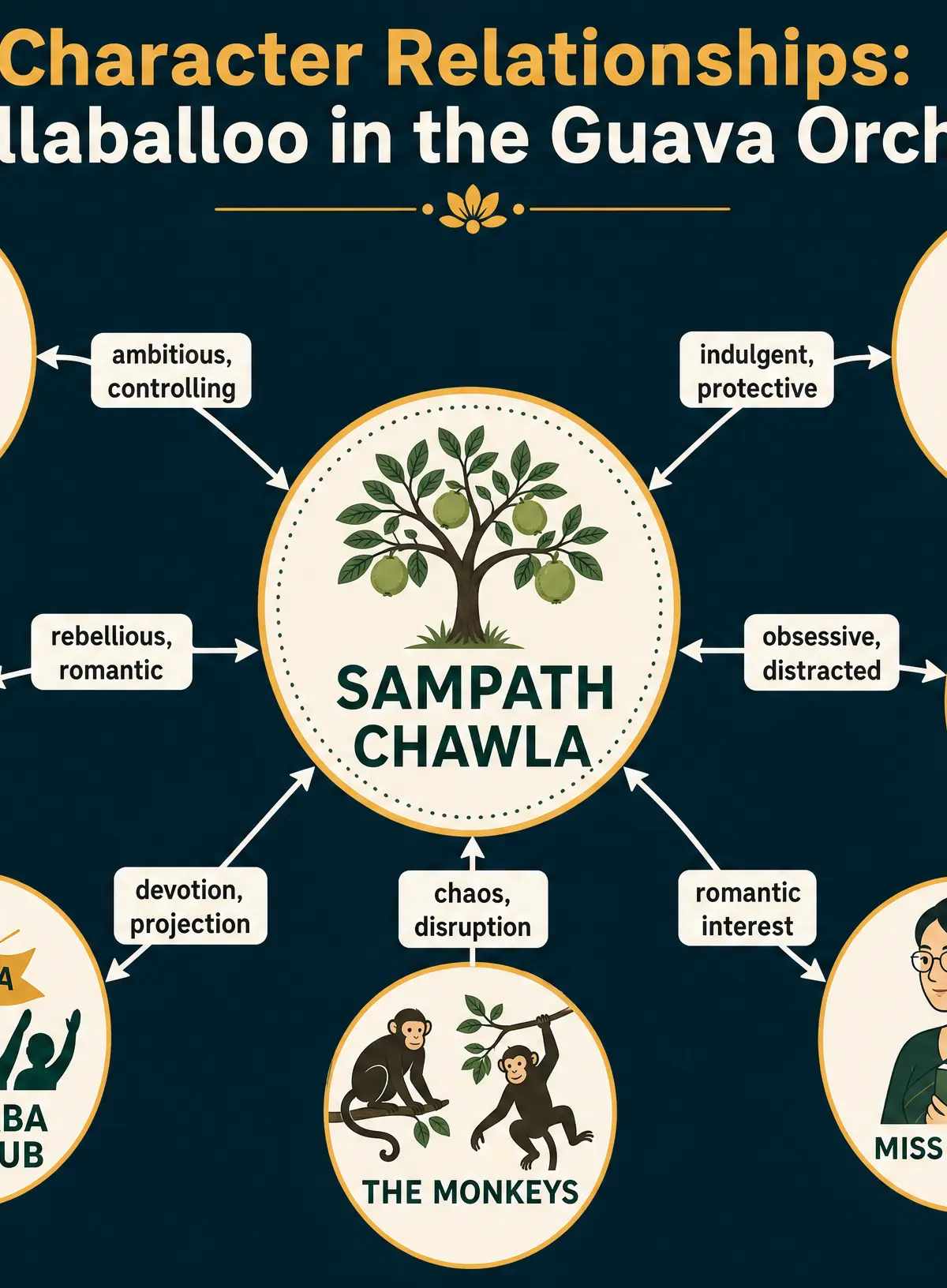 Character Relationships in Hullaballoo in the Guava Orchard