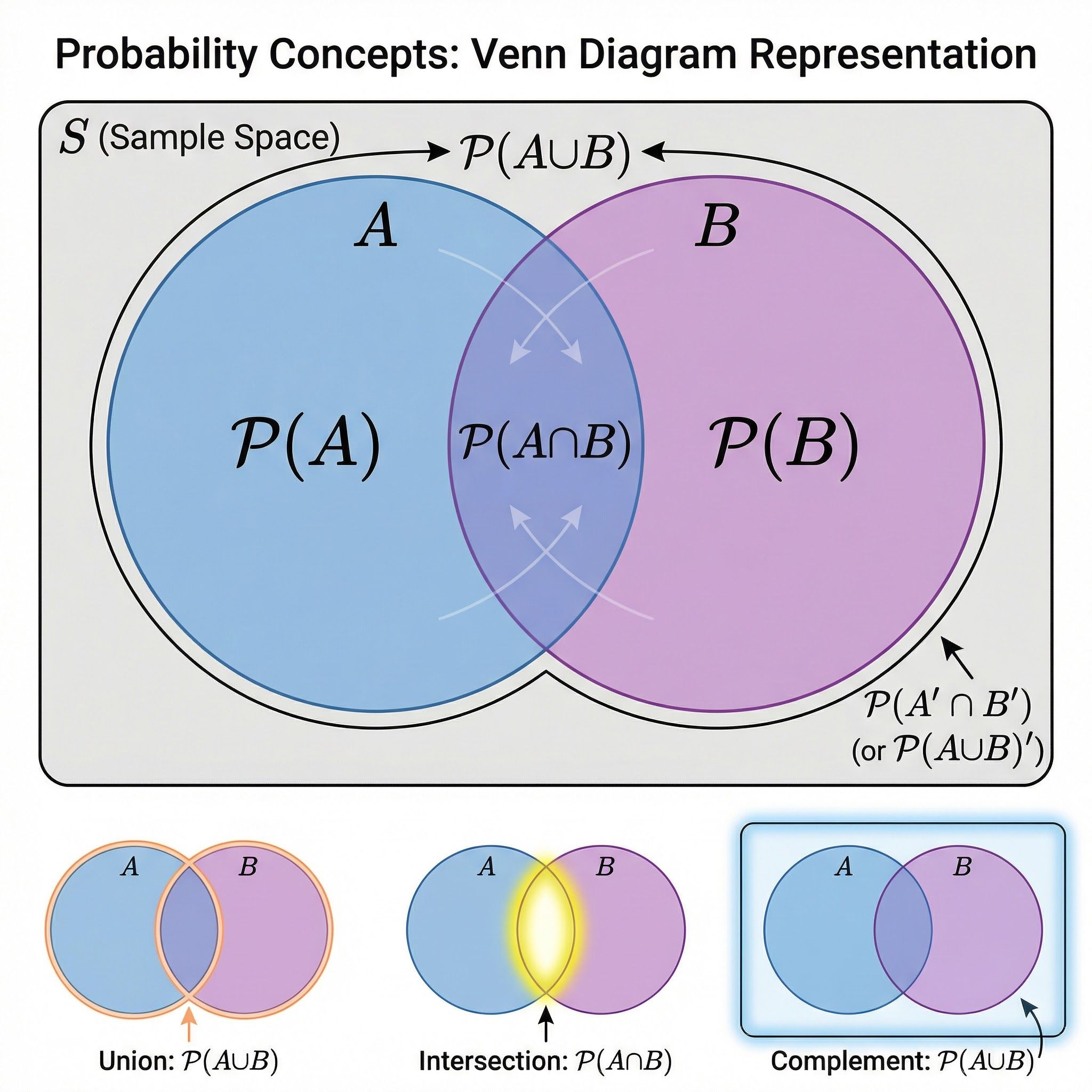 Venn diagram representation of probability concepts: union, intersection, and complement